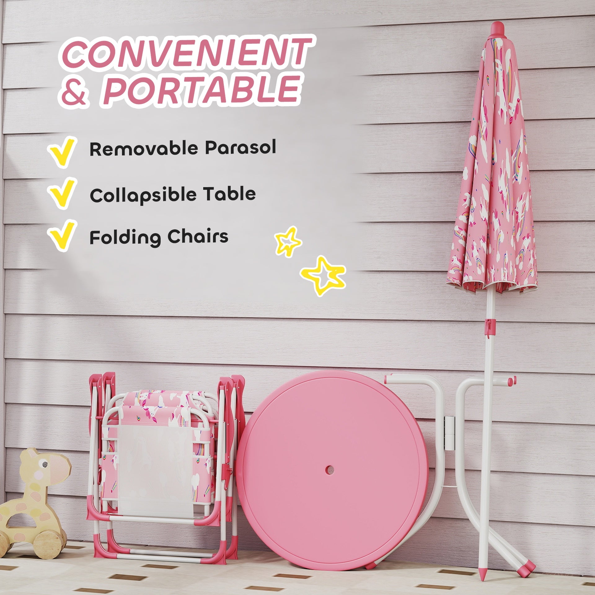 Qaba Kids Picnic Table, Kids Table and Chair Set with 2 Folding Chairs and Umbrella for Backyard, Garden, Patio, Pink