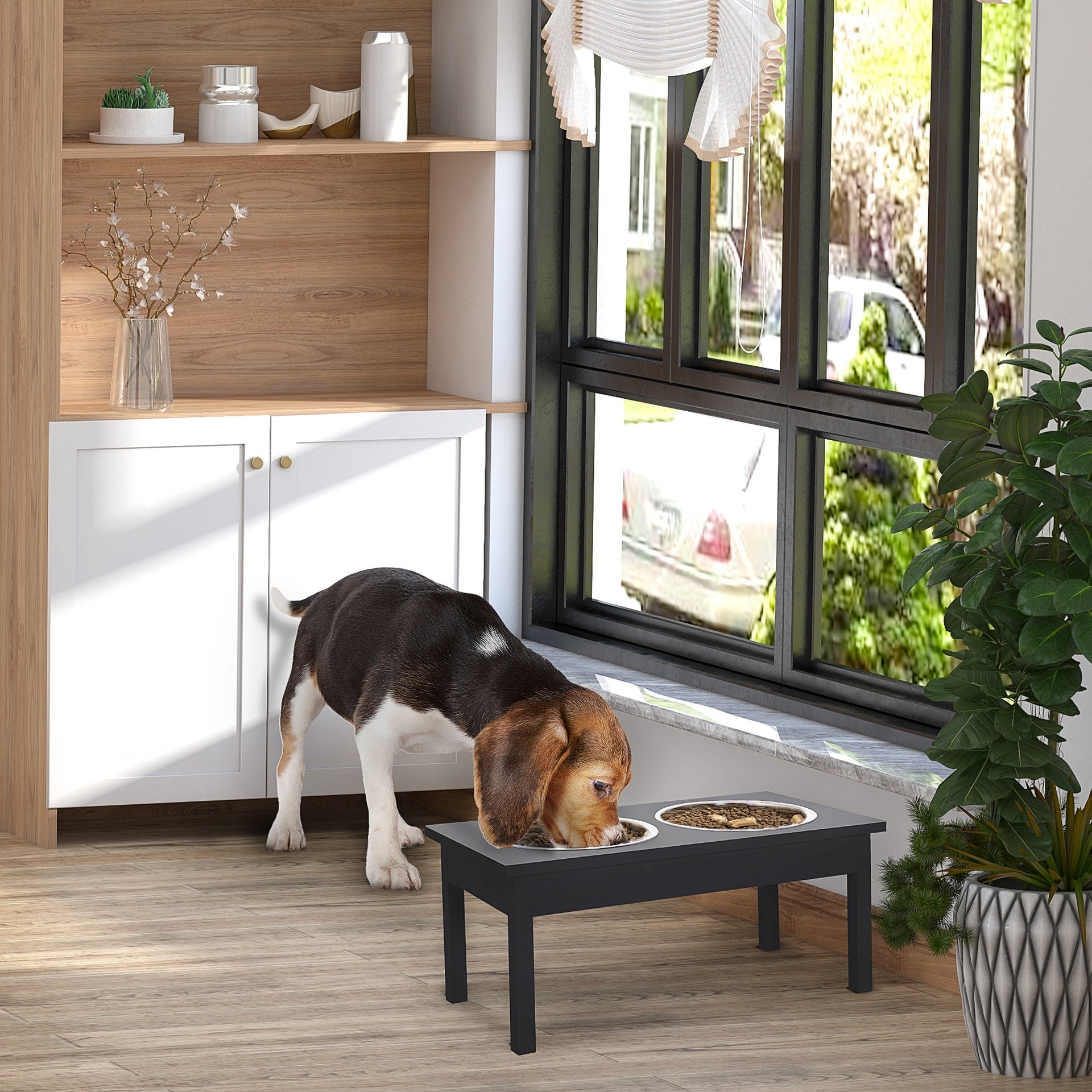 PawHut 23" Wooden Heavy Duty Dog Food Bowls Pet Elevated Feeding Station -Black