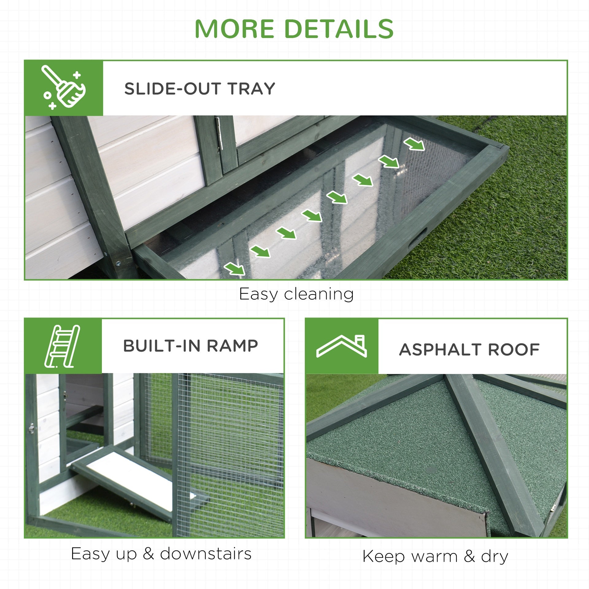 PawHut 77" Wooden Chicken Coop Hen House Poultry Cage with Weatherproof Roof, Nesting Box, Enclosed Run and Removable Tray for Outdoor Backyard, Green