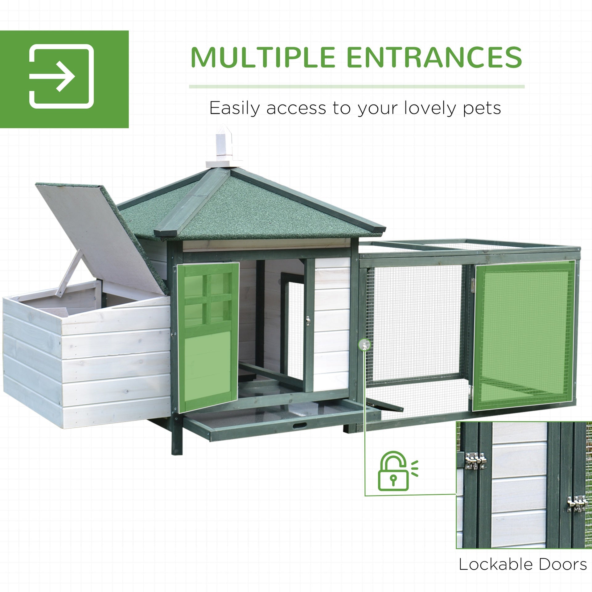 PawHut 77" Wooden Chicken Coop Hen House Poultry Cage with Weatherproof Roof, Nesting Box, Enclosed Run and Removable Tray for Outdoor Backyard, Green