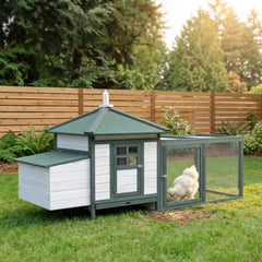 PawHut 77" Wooden Chicken Coop Hen House Poultry Cage with Weatherproof Roof, Nesting Box, Enclosed Run and Removable Tray for Outdoor Backyard, Green