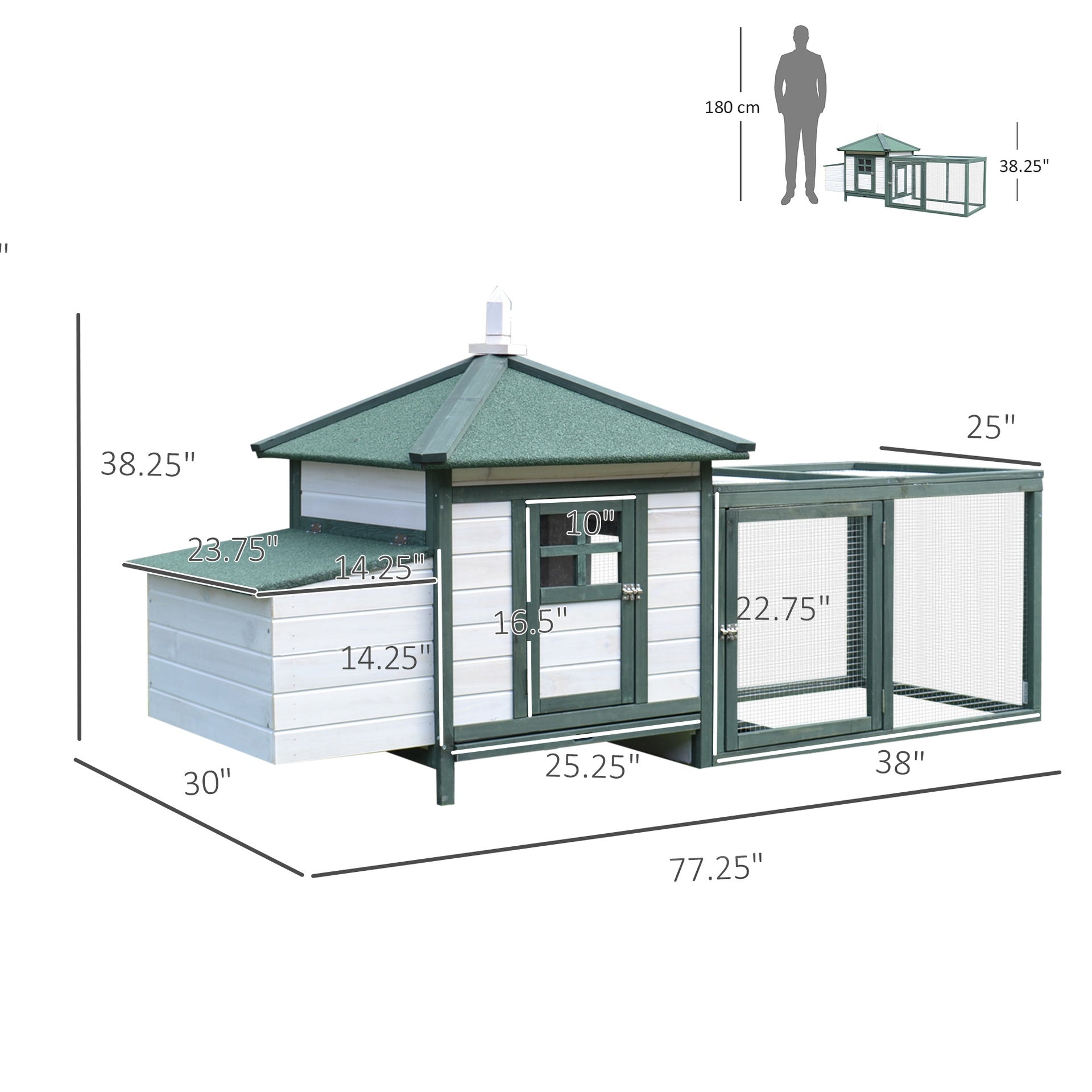 PawHut 77" Wooden Chicken Coop Hen House Poultry Cage with Weatherproof Roof, Nesting Box, Enclosed Run and Removable Tray for Outdoor Backyard, Green