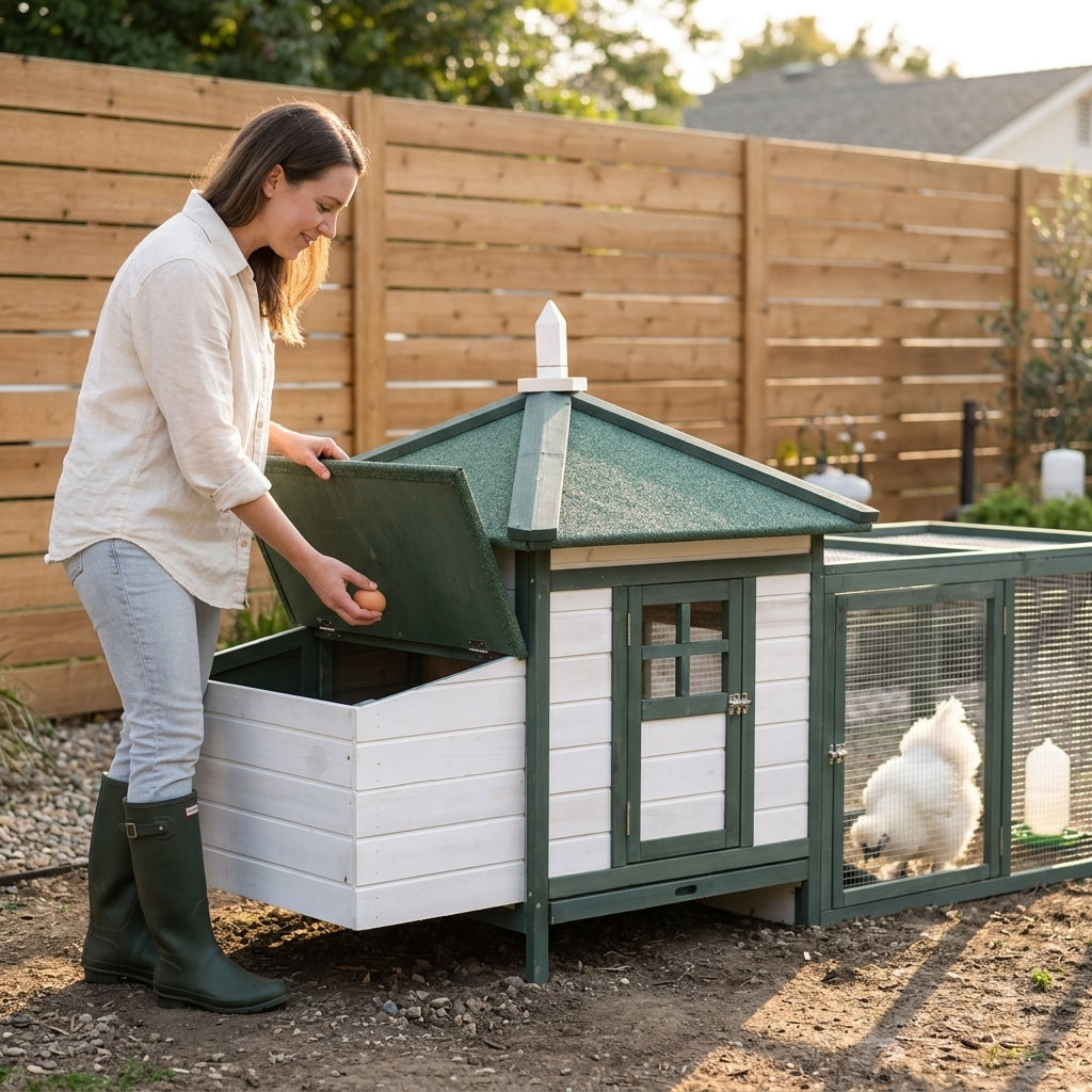 PawHut 77" Wooden Chicken Coop Hen House Poultry Cage with Weatherproof Roof, Nesting Box, Enclosed Run and Removable Tray for Outdoor Backyard, Green