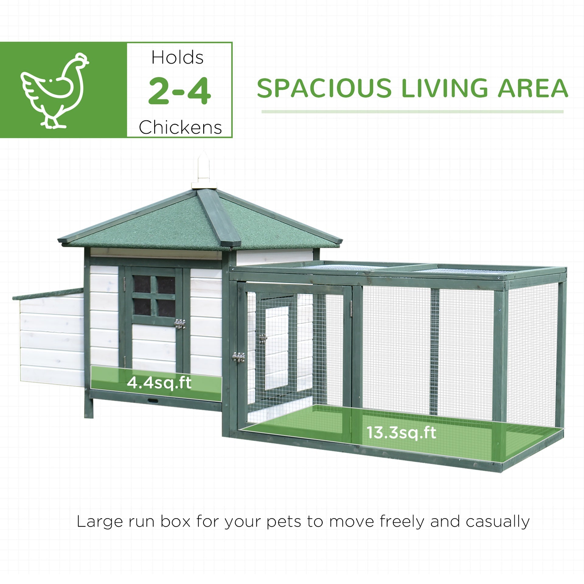 PawHut 77" Wooden Chicken Coop Hen House Poultry Cage with Weatherproof Roof, Nesting Box, Enclosed Run and Removable Tray for Outdoor Backyard, Green