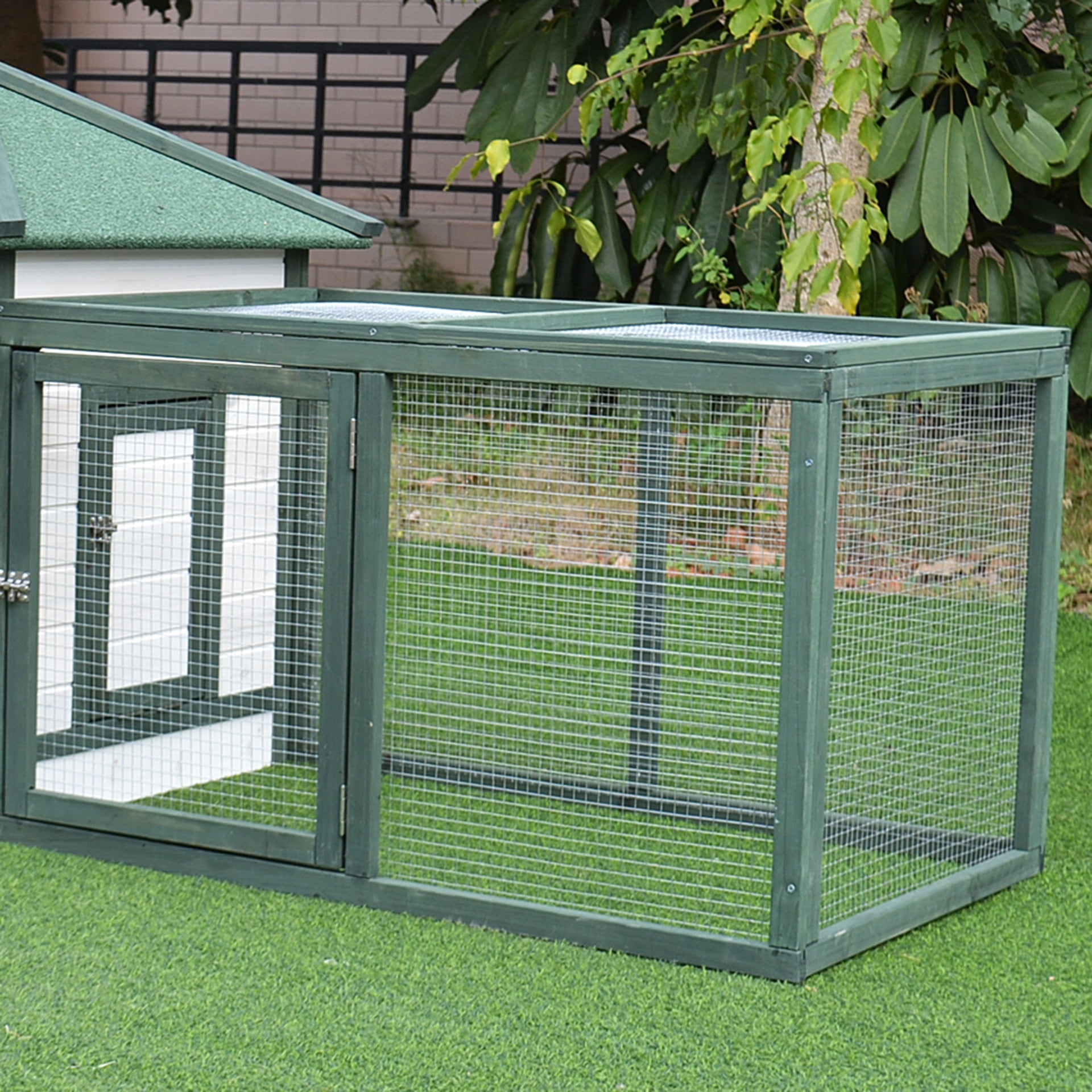 PawHut 77" Wooden Chicken Coop Hen House Poultry Cage with Weatherproof Roof, Nesting Box, Enclosed Run and Removable Tray for Outdoor Backyard, Green