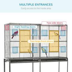 PawHut Rolling 65"L Bird Cage w/ Storage Shelf Wood Perch Food Container