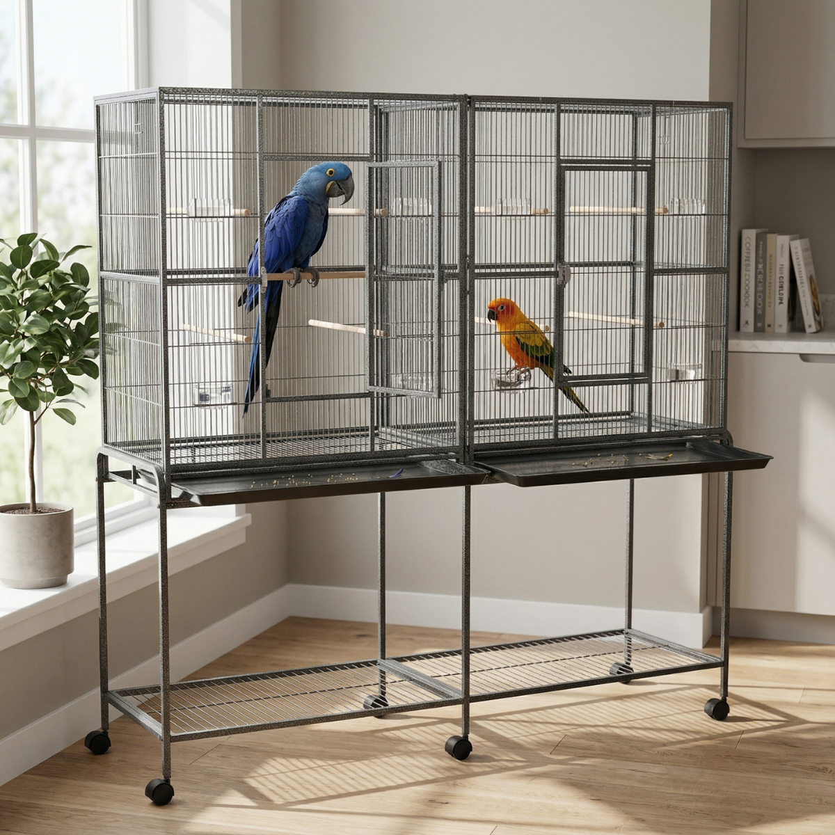PawHut Rolling 65"L Bird Cage w/ Storage Shelf Wood Perch Food Container
