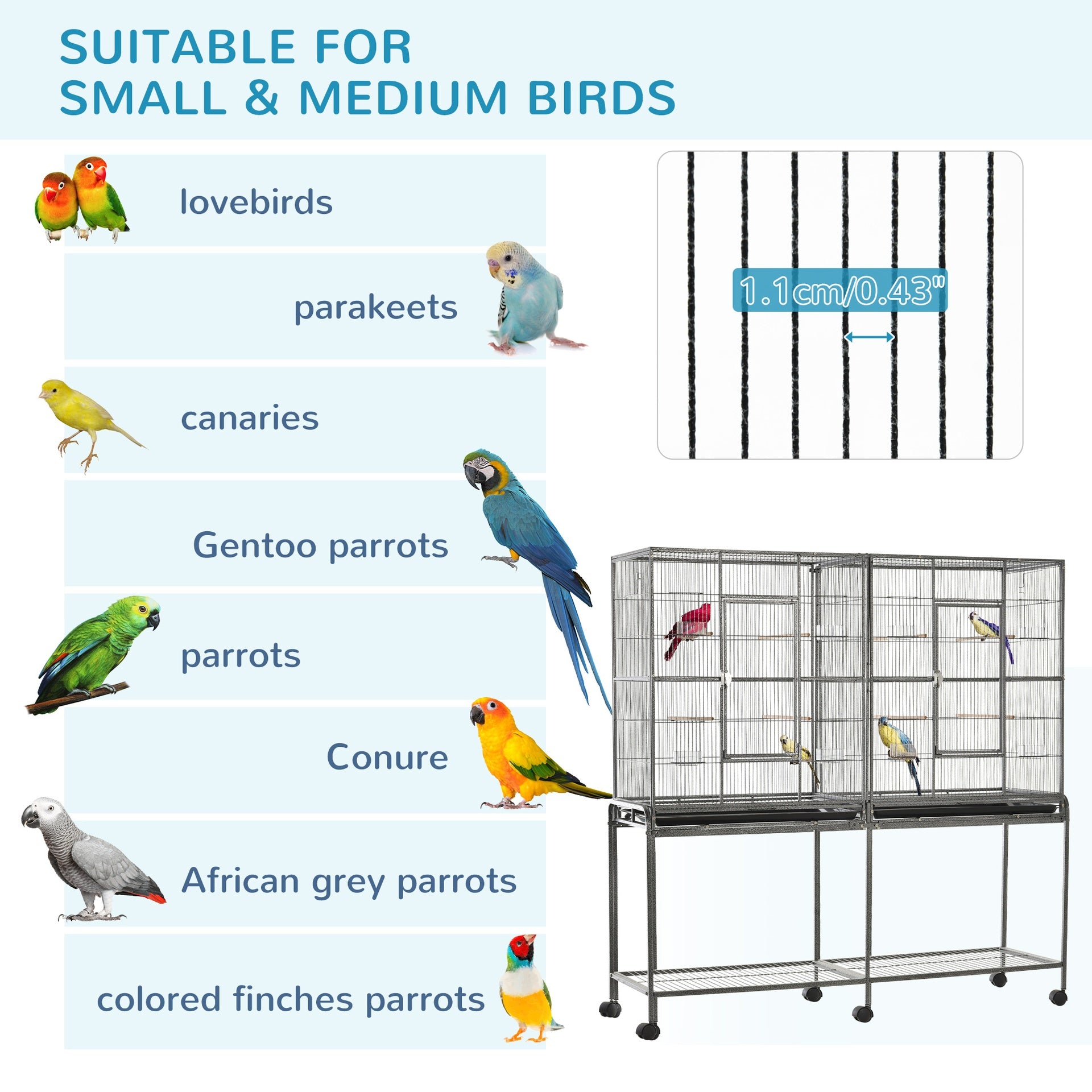 PawHut Rolling 65"L Bird Cage w/ Storage Shelf Wood Perch Food Container