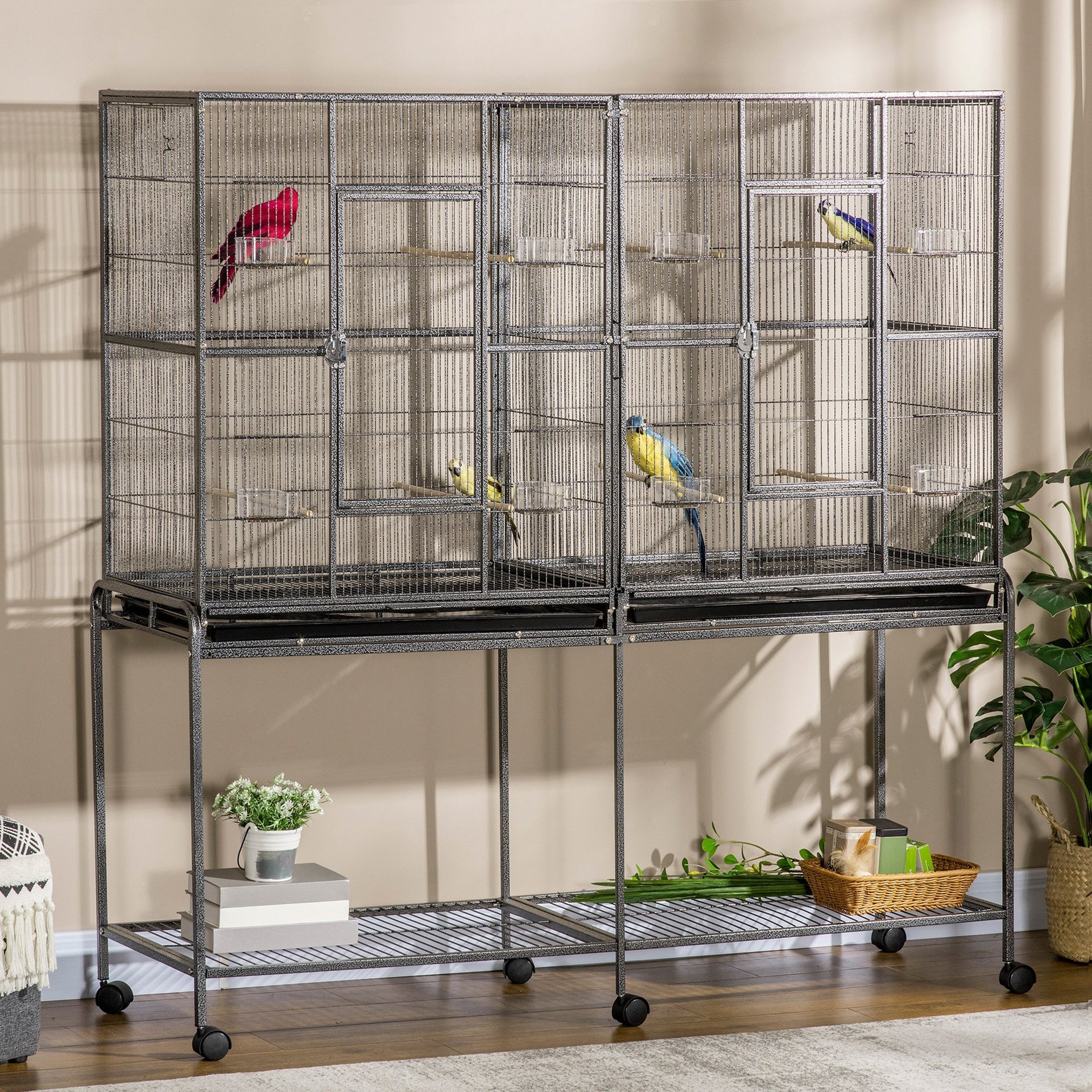 PawHut Rolling 65"L Bird Cage w/ Storage Shelf Wood Perch Food Container