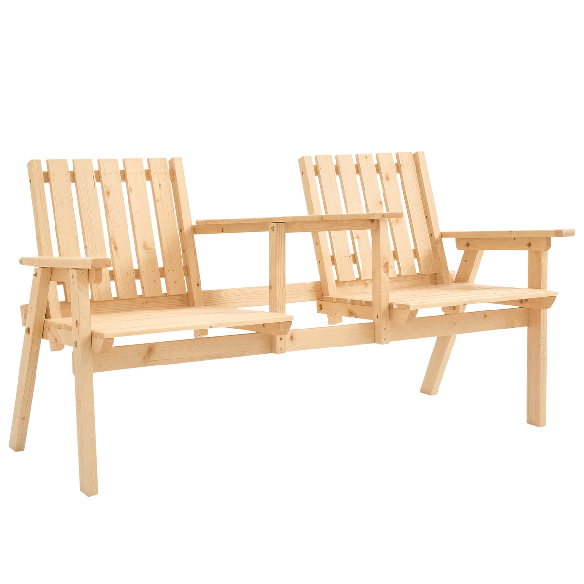Outsunny Patio Bench, Garden Bench with Middle Table and Umbrella Hole, Wooden Outdoor Bench for Patio, Porch, Poolside, Balcony, Natural
