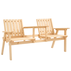 Outsunny Patio Bench, Garden Bench with Middle Table and Umbrella Hole, Wooden Outdoor Bench for Patio, Porch, Poolside, Balcony, Natural