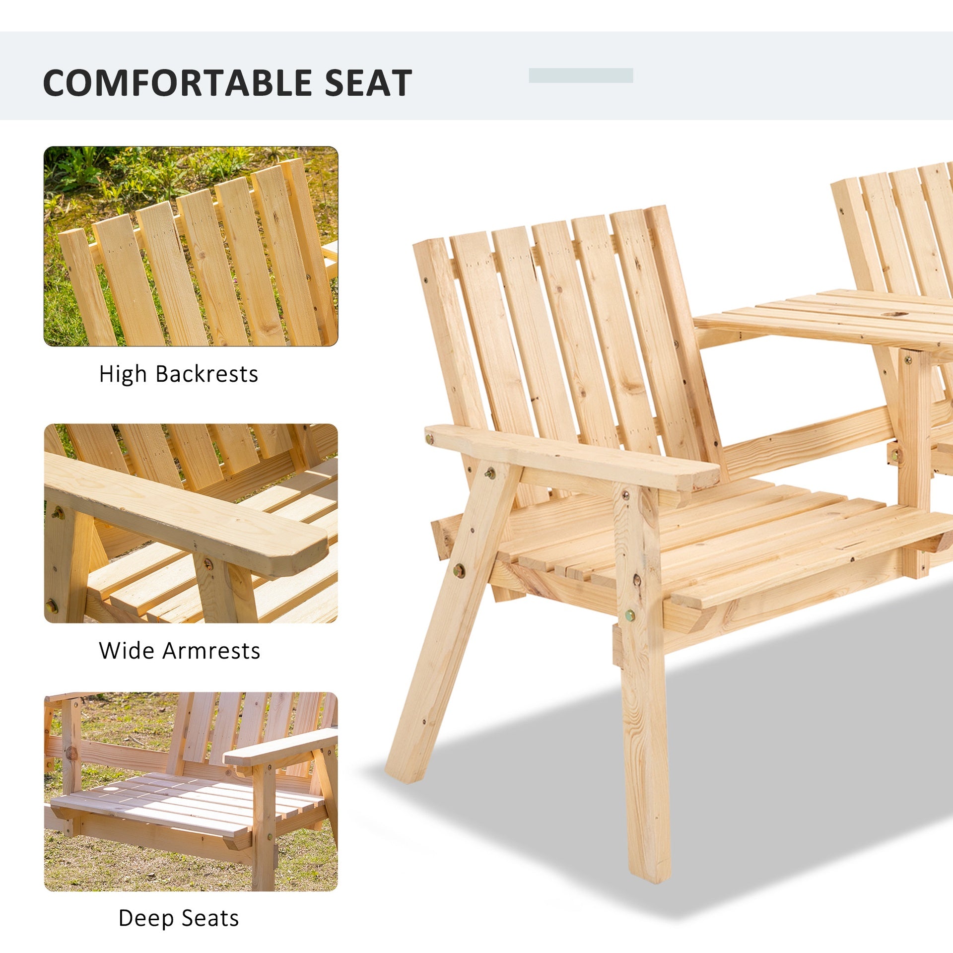 Outsunny Patio Bench, Garden Bench with Middle Table and Umbrella Hole, Wooden Outdoor Bench for Patio, Porch, Poolside, Balcony, Natural