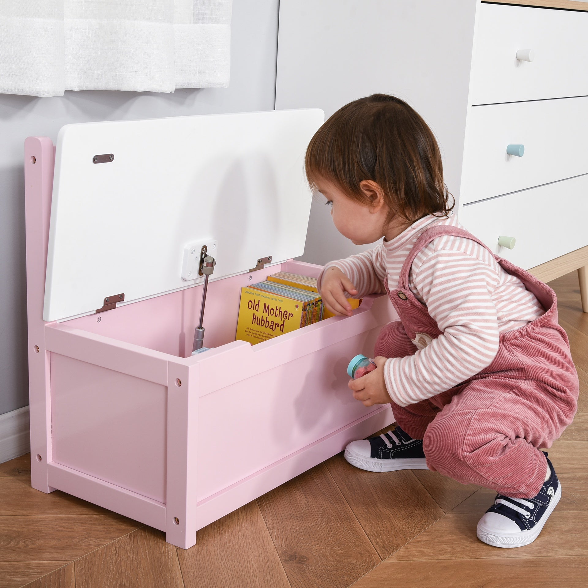 Qaba Toy Box Chest, Kids Storage Bench with Large 27 L Interior, Toy Organizer with Top Lid, and Backrest, Kids Bedroom Furniture for Nursery Room, Playroom, Bedroom, 24" x 12" x 20", Pink