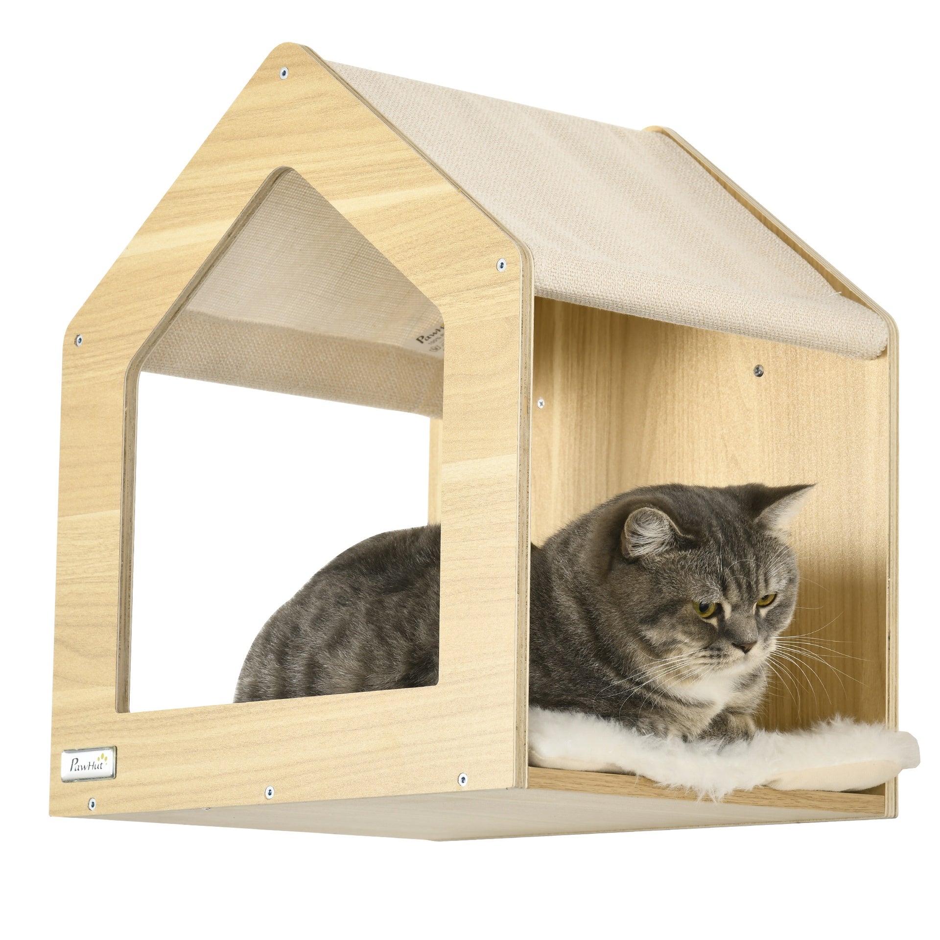 PawHut 8PCs Cat Wall Shelves Pet Wall-mounted Climbing Shelf Set with Cushion Condo Scratching Posts Hammock Oak