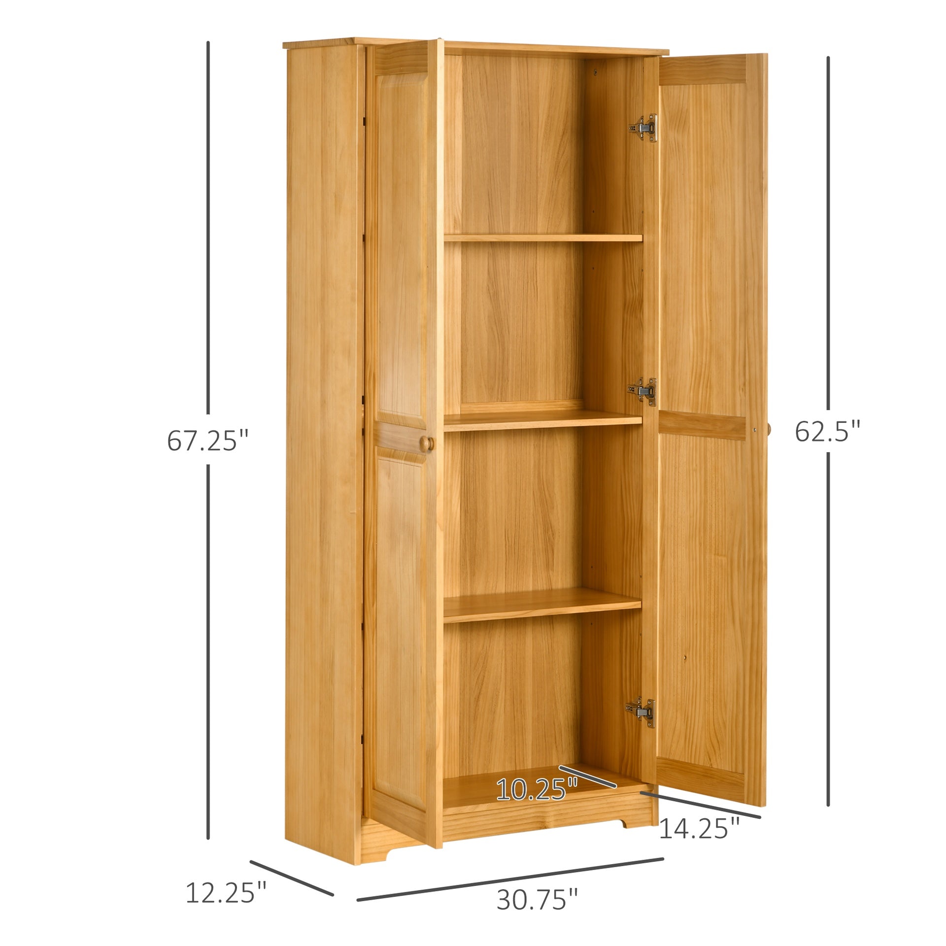 HOMCOM 67" Pinewood Kitchen Pantry Storage Cabinet, Freestanding Cabinets with Doors and Shelves, Dining Room