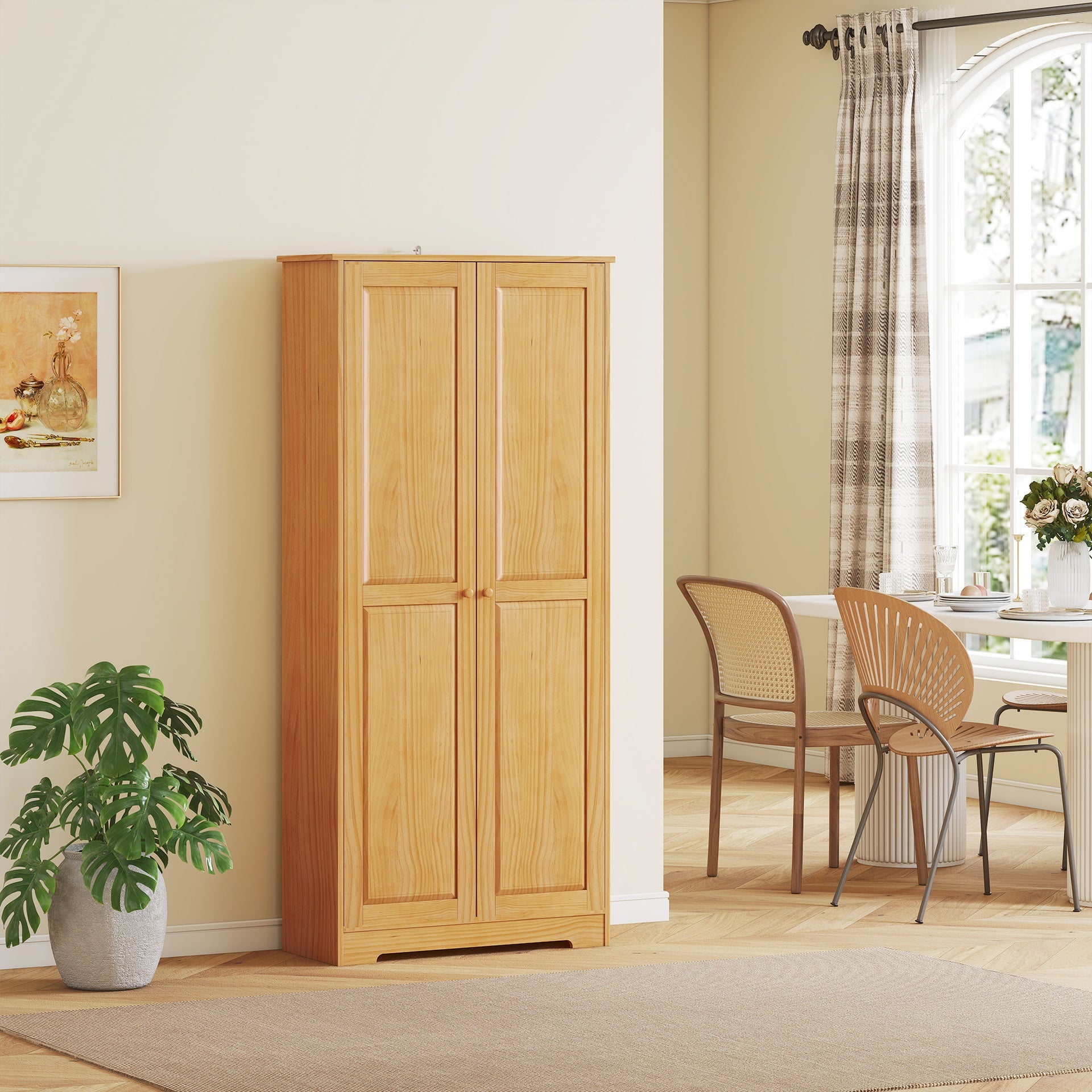 HOMCOM 67" Pinewood Kitchen Pantry Storage Cabinet, Freestanding Cabinets with Doors and Shelves, Dining Room