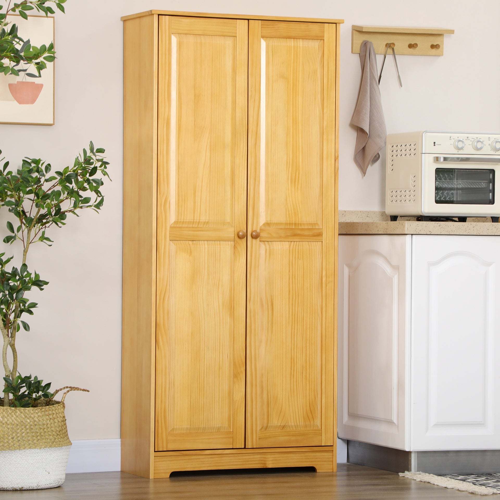 HOMCOM 67" Pinewood Kitchen Pantry Storage Cabinet, Freestanding Cabinets with Doors and Shelves, Dining Room