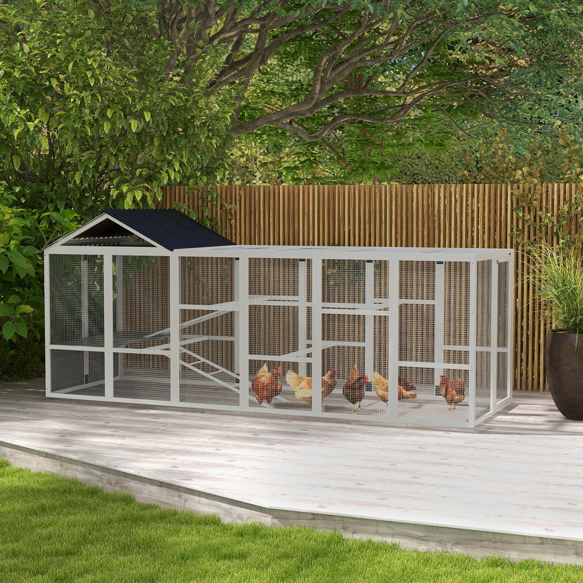 PawHut Wooden Chicken Coop Run for 6 - 10 Chickens, Hen House Add-On with Storage, Perches, 141.75" x 48" x 61", Gray