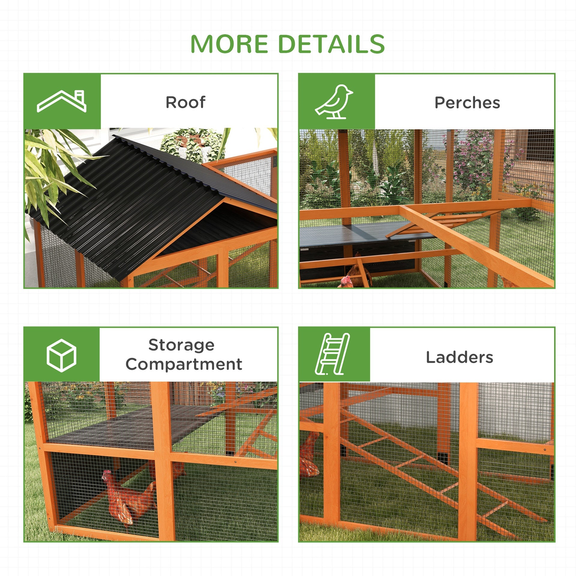 PawHut Wooden Chicken Coop Run for 6 - 10 Chickens, Hen House Add-On with Storage, Perches, 141.75" x 48" x 61", Orange