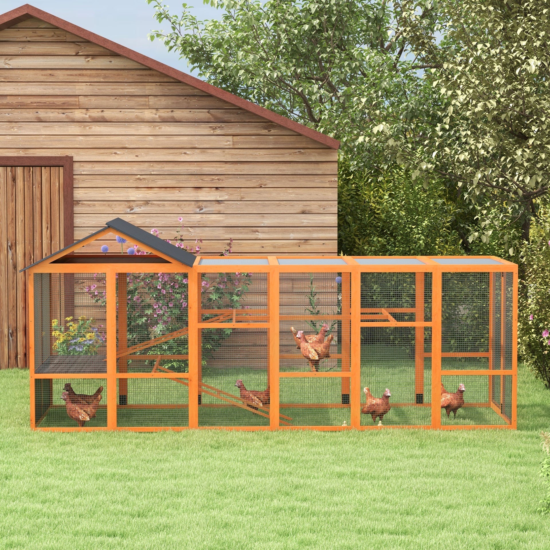 PawHut Wooden Chicken Coop Run for 6 - 10 Chickens, Hen House Add-On with Storage, Perches, 141.75" x 48" x 61", Orange