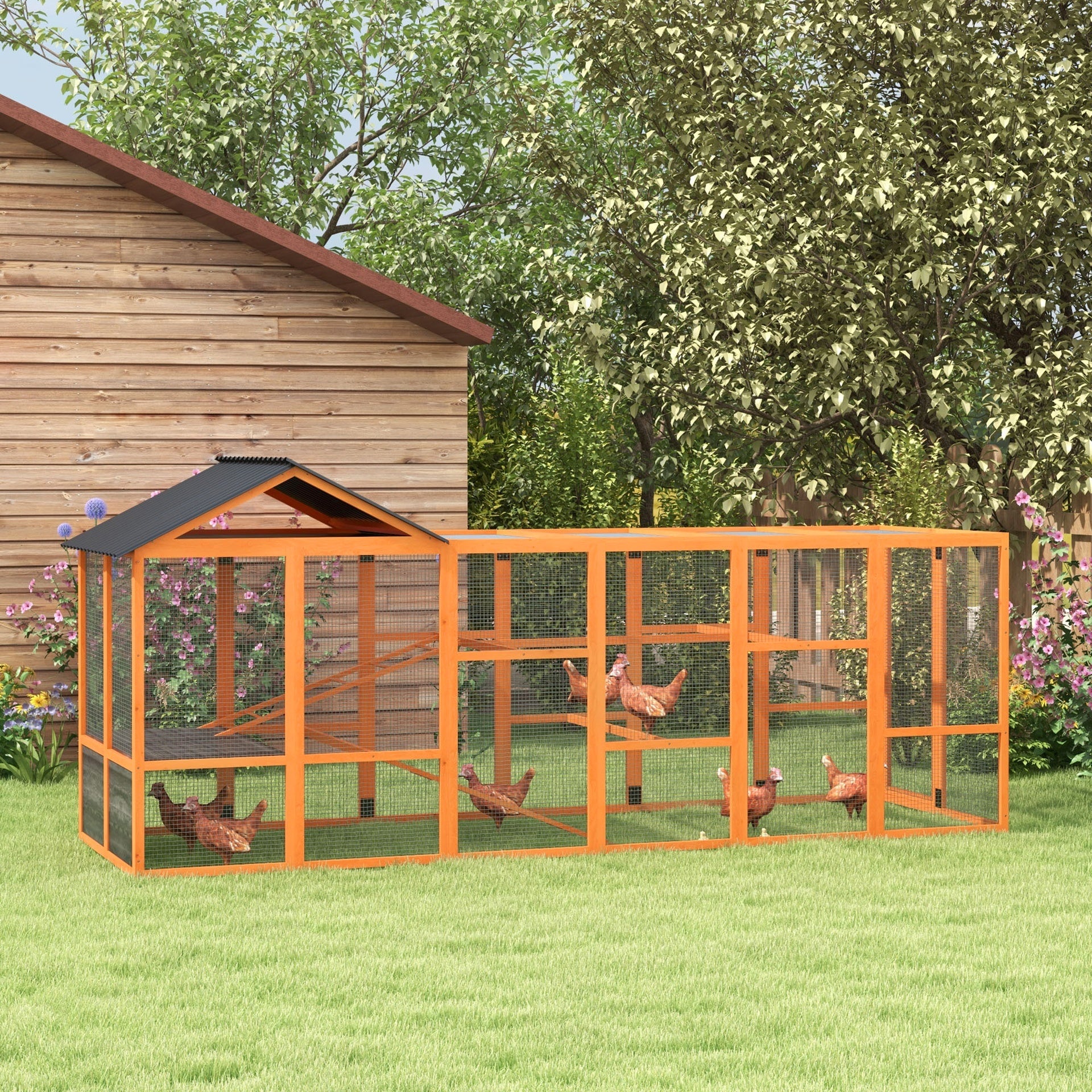 PawHut Wooden Chicken Coop Run for 6 - 10 Chickens, Hen House Add-On with Storage, Perches, 141.75" x 48" x 61", Orange