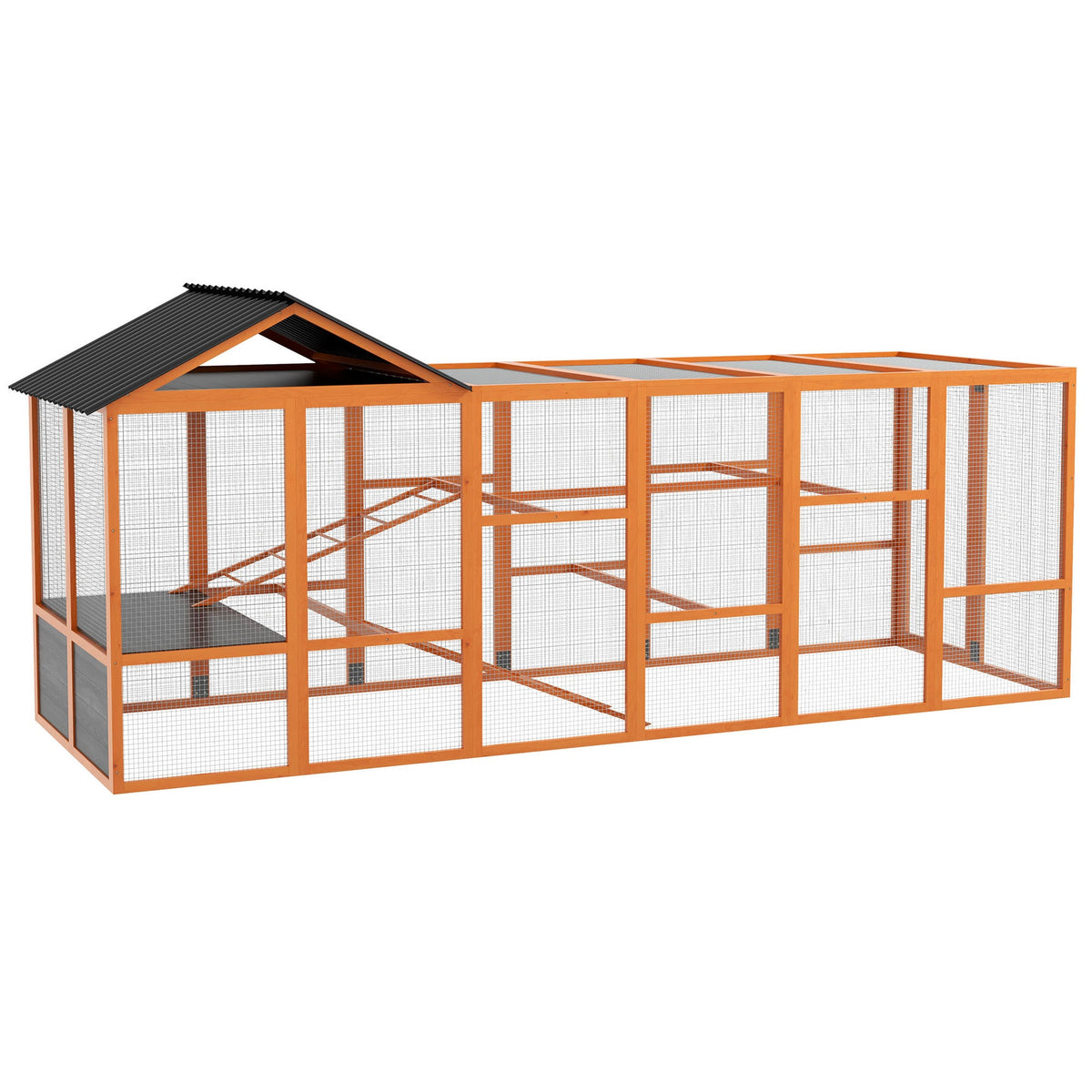 PawHut Wooden Chicken Coop Run for 6 - 10 Chickens, Hen House Add-On with Storage, Perches, 141.75" x 48" x 61", Orange