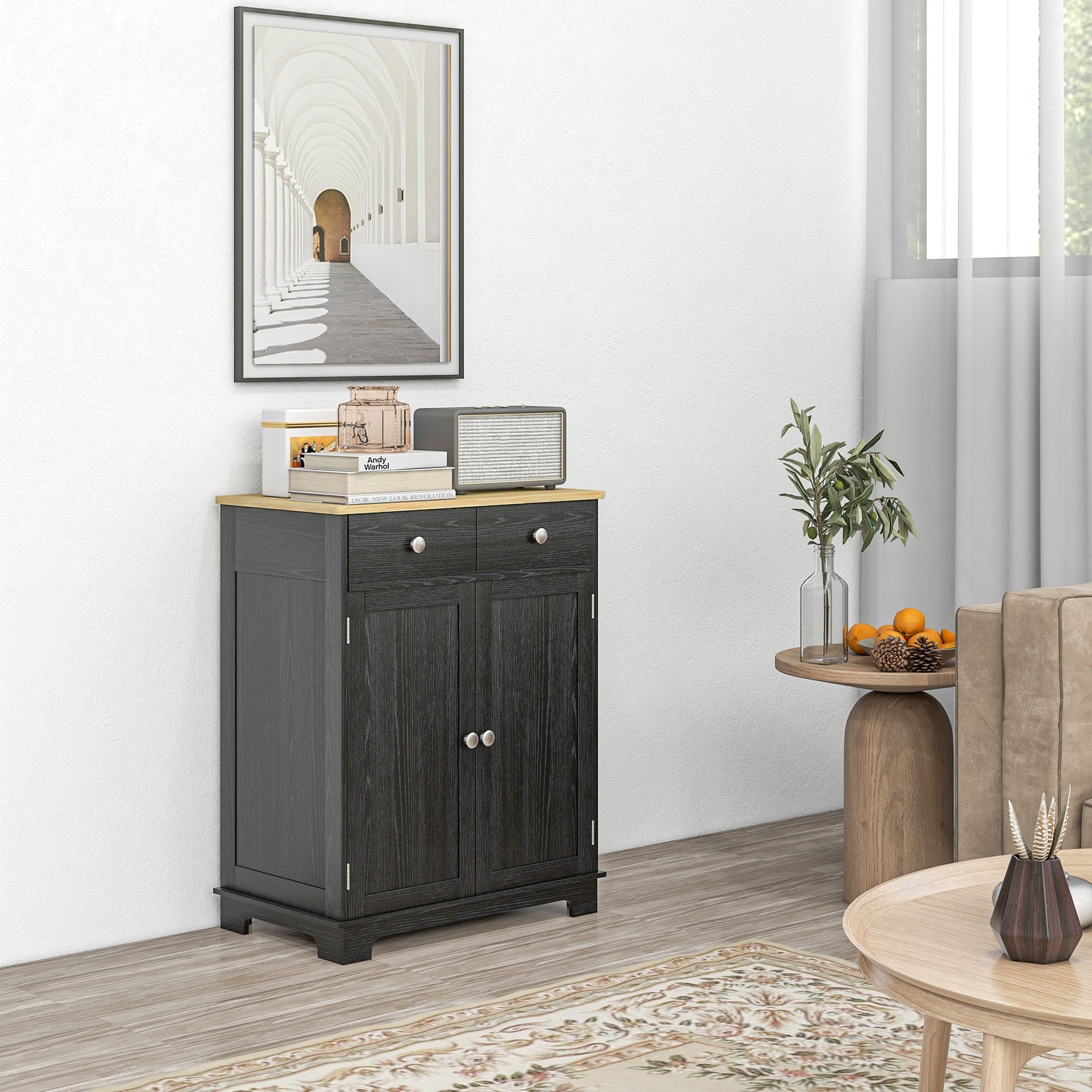 HOMCOM Kitchen Storage Cabinet, Sideboard Floor Cupboard with Solid Wood Top, Adjustable Shelf, and 2 Drawers, Distressed Black
