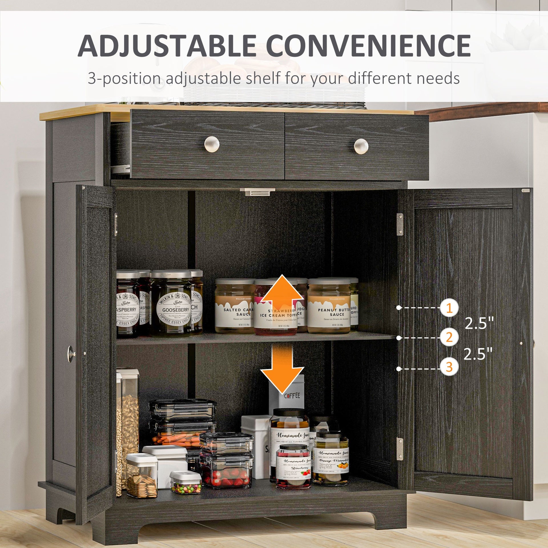 HOMCOM Kitchen Storage Cabinet, Sideboard Floor Cupboard with Solid Wood Top, Adjustable Shelf, and 2 Drawers, Distressed Black