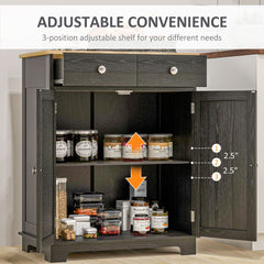 HOMCOM Kitchen Storage Cabinet, Sideboard Floor Cupboard with Solid Wood Top, Adjustable Shelf, and 2 Drawers, Distressed Black