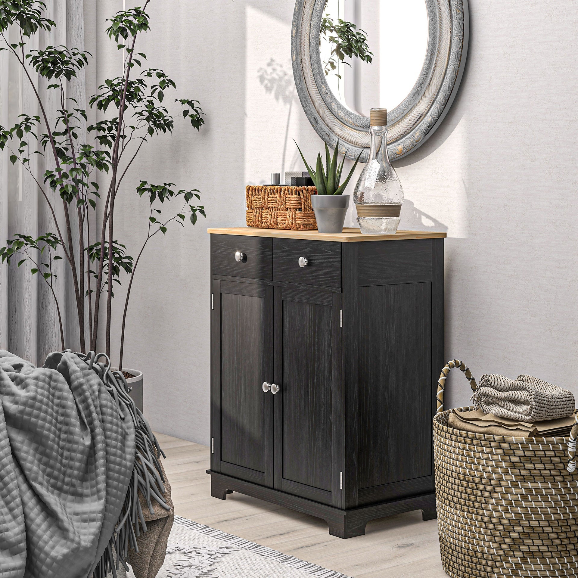 HOMCOM Kitchen Storage Cabinet, Sideboard Floor Cupboard with Solid Wood Top, Adjustable Shelf, and 2 Drawers, Distressed Black