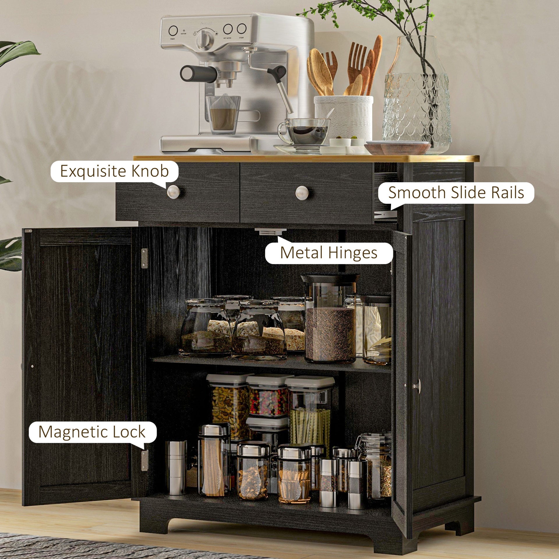 HOMCOM Kitchen Storage Cabinet, Sideboard Floor Cupboard with Solid Wood Top, Adjustable Shelf, and 2 Drawers, Distressed Black