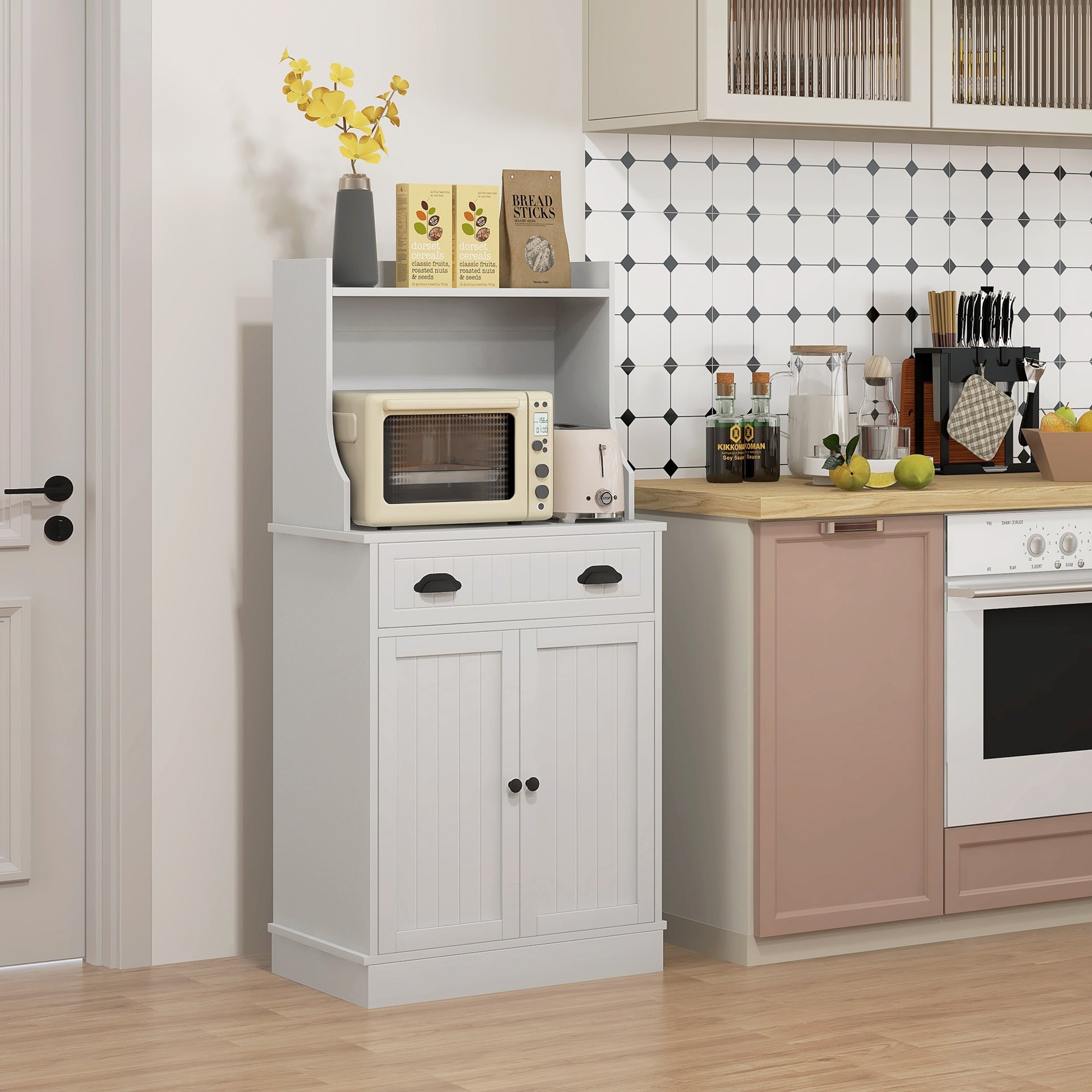 HOMCOM Kitchen Microwave Cabinet with Drawer, Cabinet and Adjustable Shelf, Buffet Cabinet with Hutch for Dining Room, White