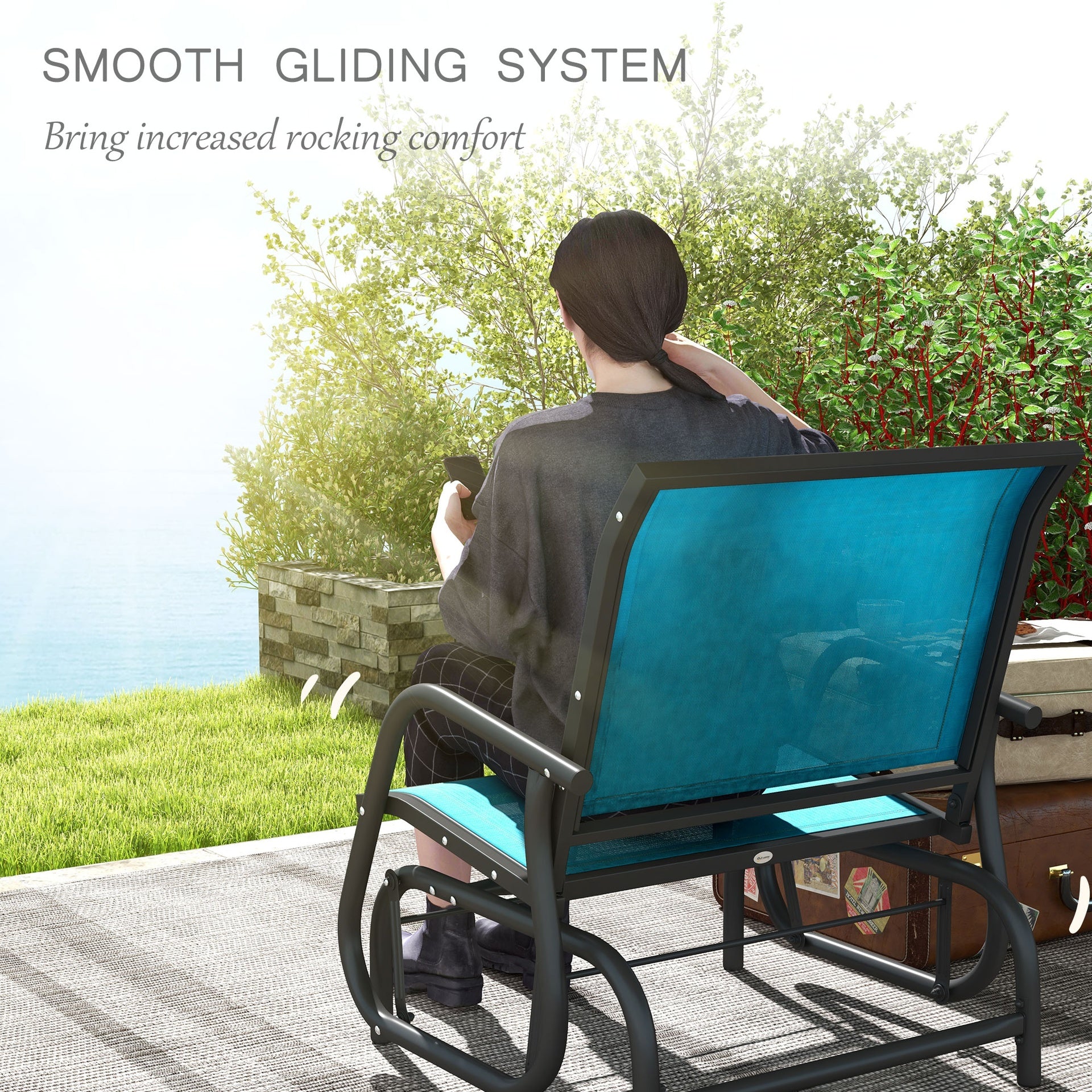 Outsunny 2 Pieces Outdoor Glider Chair, Steel Swing Chai with Curved Armrests for Porch, Garden, Poolside, Balcony, Blue
