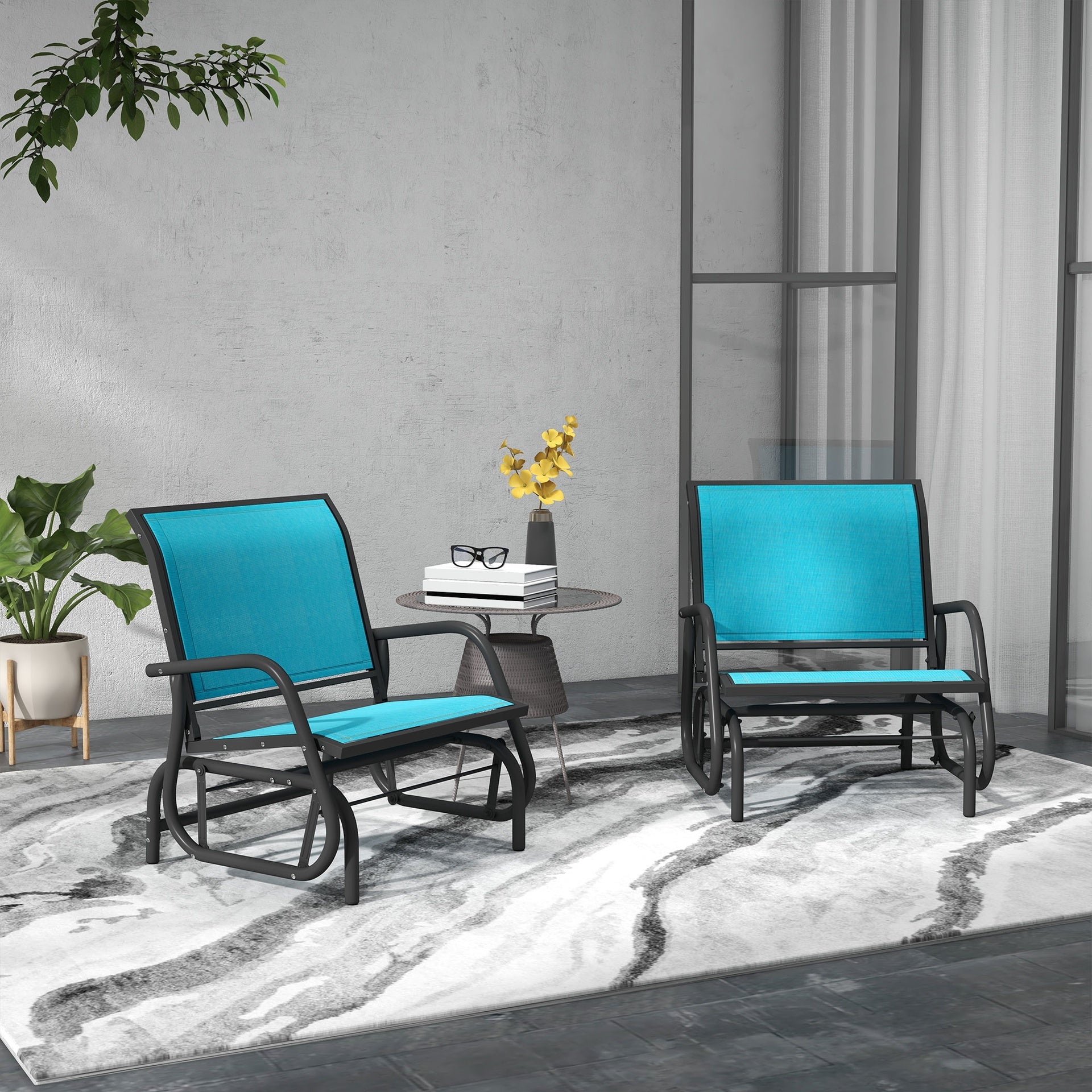 Outsunny 2 Pieces Outdoor Glider Chair, Steel Swing Chai with Curved Armrests for Porch, Garden, Poolside, Balcony, Blue