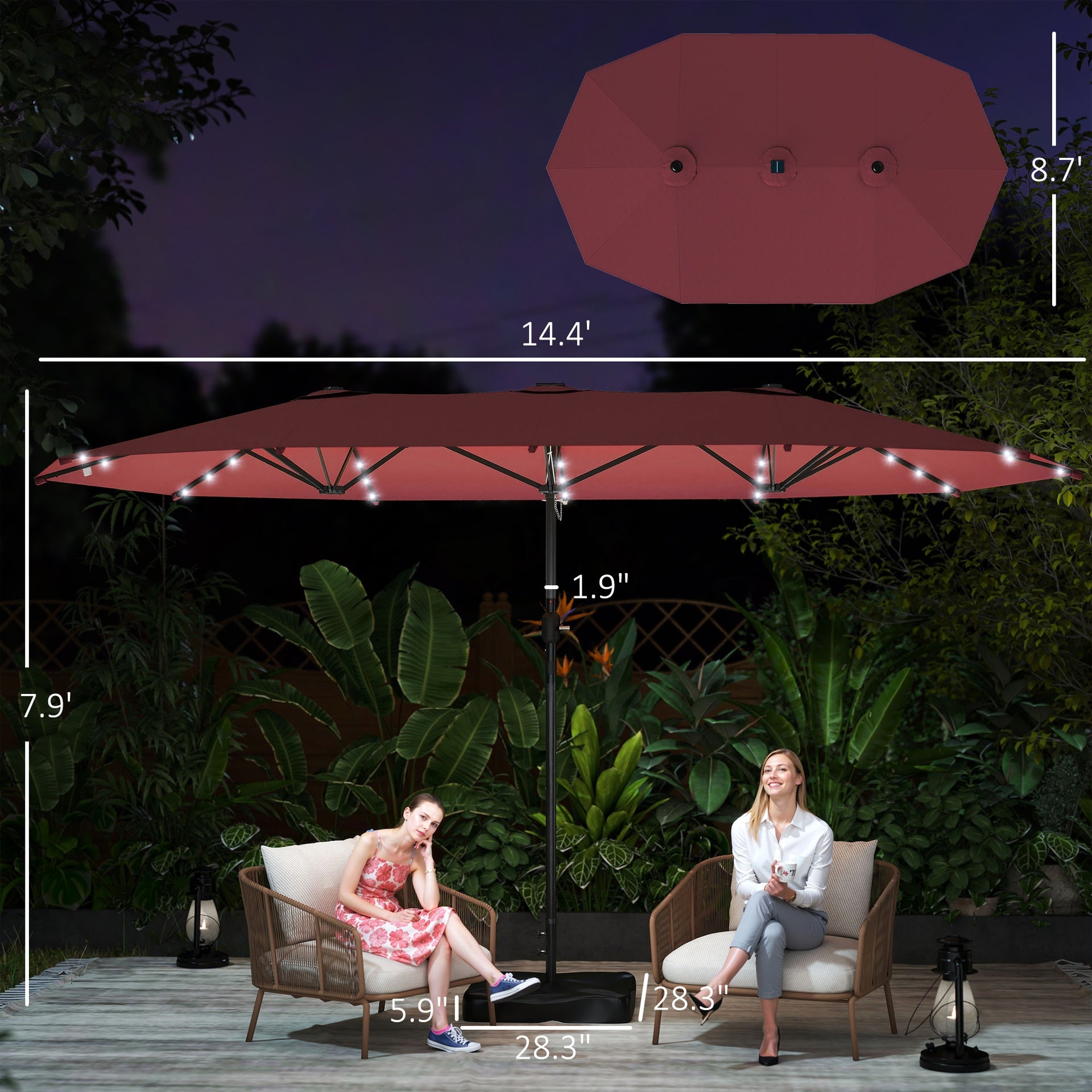 Outsunny Garden Parasol 14.4ft Double-Sided Sun Umbrella with Base, Patio Parasol with LED Solar Lights, Wine Red