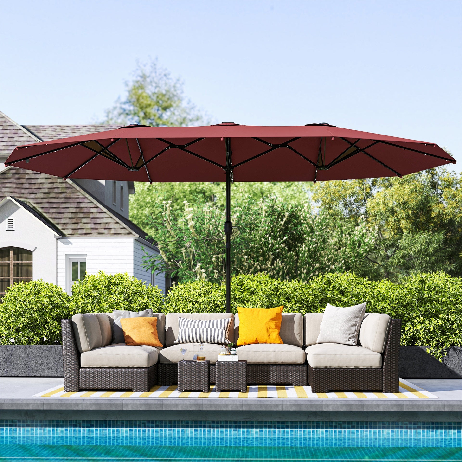 Outsunny Garden Parasol 14.4ft Double-Sided Sun Umbrella with Base, Patio Parasol with LED Solar Lights, Wine Red