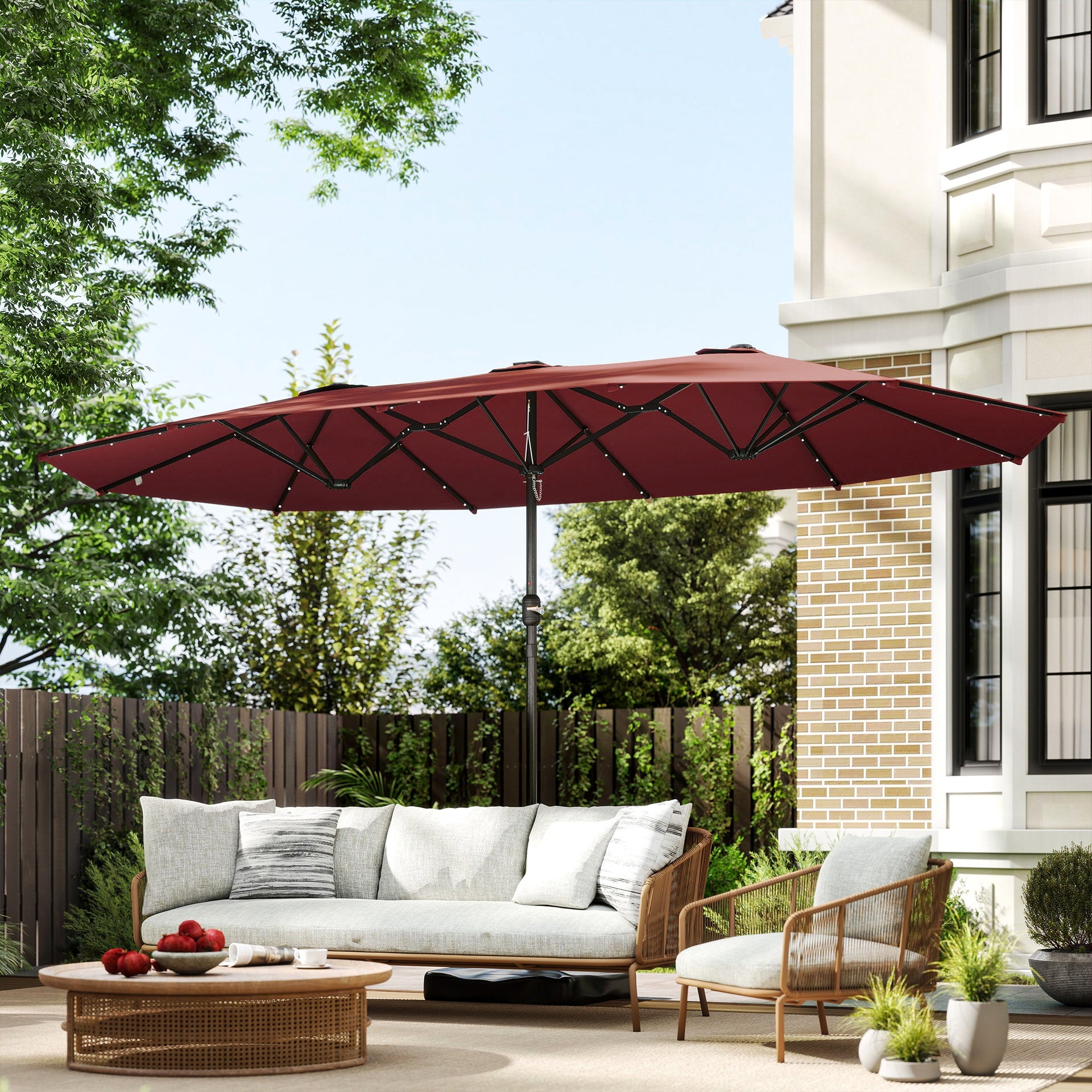 Outsunny Garden Parasol 14.4ft Double-Sided Sun Umbrella with Base, Patio Parasol with LED Solar Lights, Wine Red