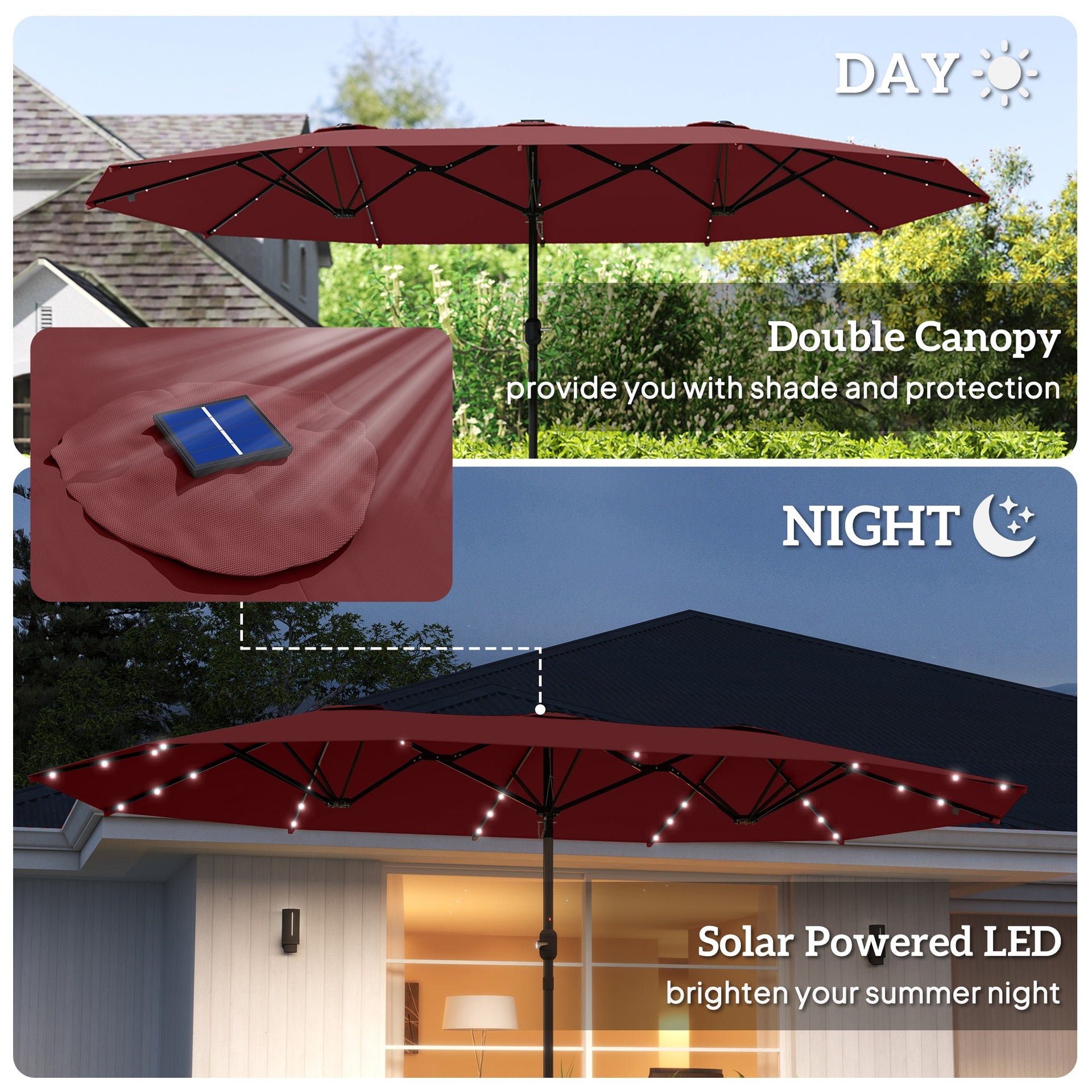 Outsunny Garden Parasol 14.4ft Double-Sided Sun Umbrella with Base, Patio Parasol with LED Solar Lights, Wine Red