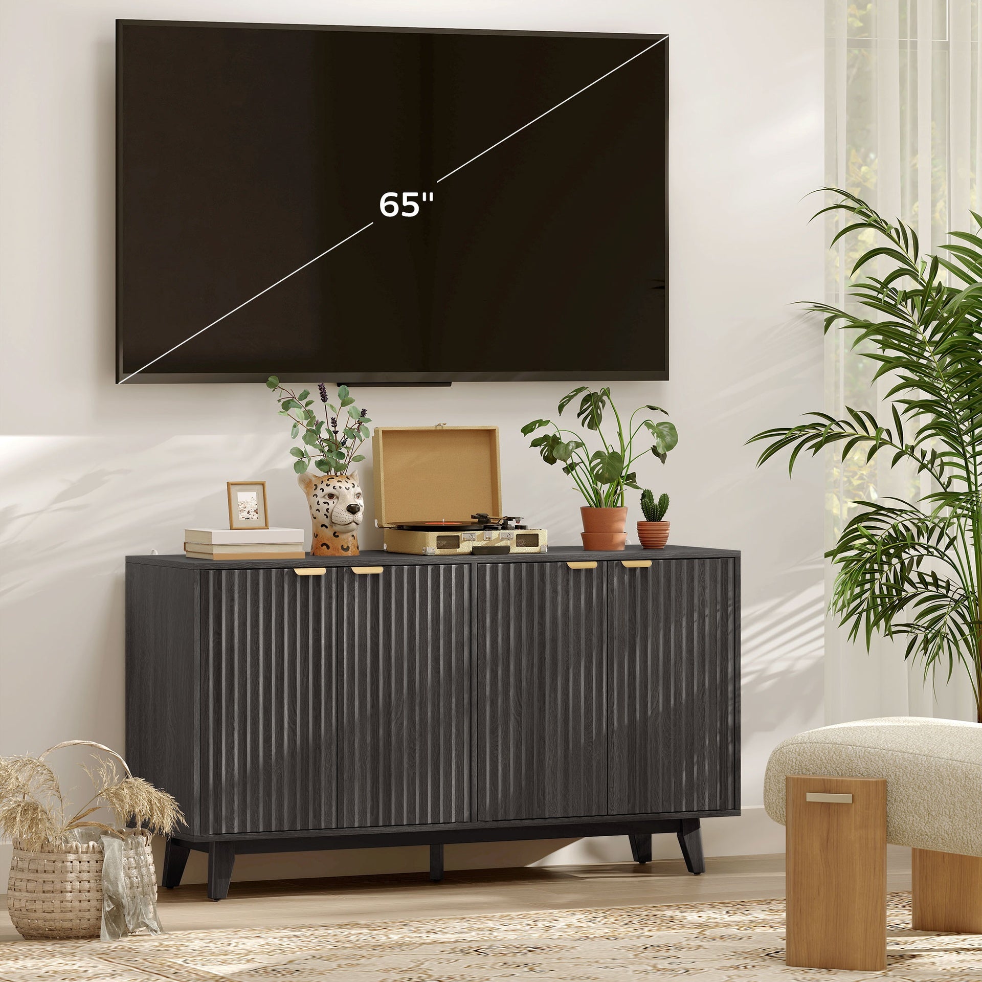 HOMCOM Fluted Sideboard Buffet Cabinet, 55" Coffee Bar Cabinet with 4 Doors, 2 Adjustable Shelves, 5 Wood Legs, Dark Gray