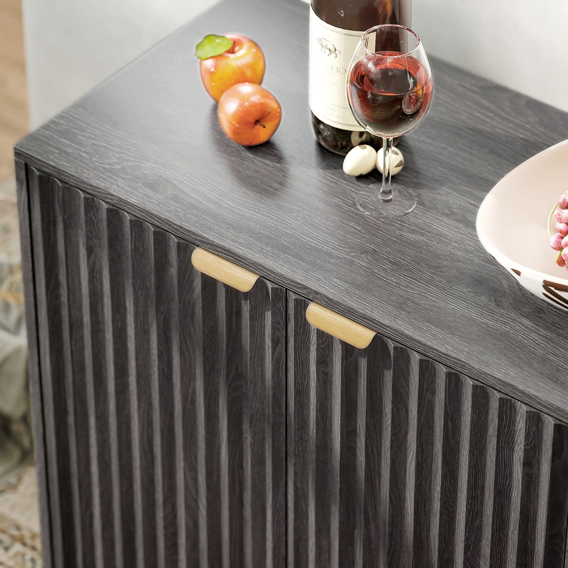 HOMCOM Fluted Sideboard Buffet Cabinet, 55" Coffee Bar Cabinet with 4 Doors, 2 Adjustable Shelves, 5 Wood Legs, Dark Gray