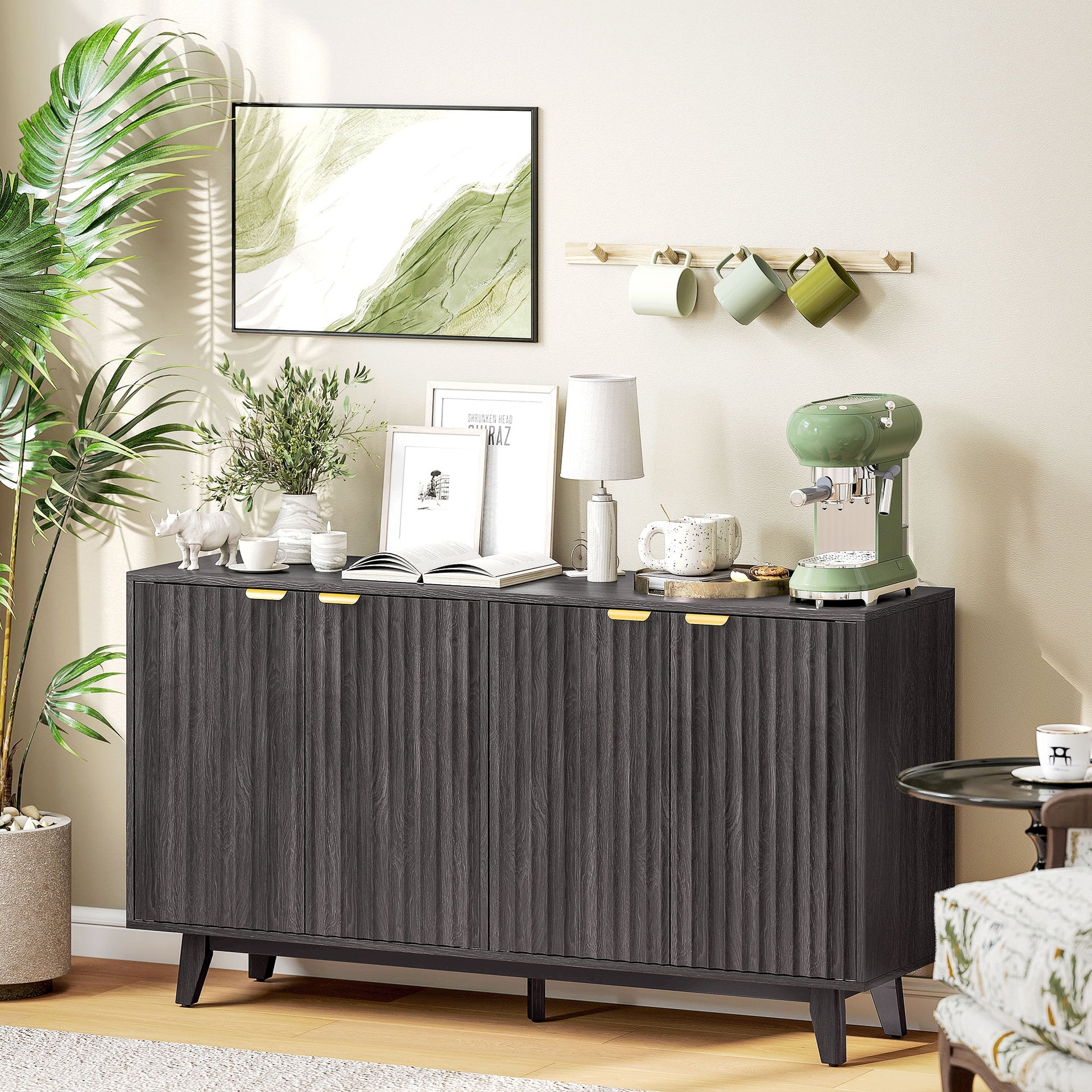 HOMCOM Fluted Sideboard Buffet Cabinet, 55" Coffee Bar Cabinet with 4 Doors, 2 Adjustable Shelves, 5 Wood Legs, Dark Gray