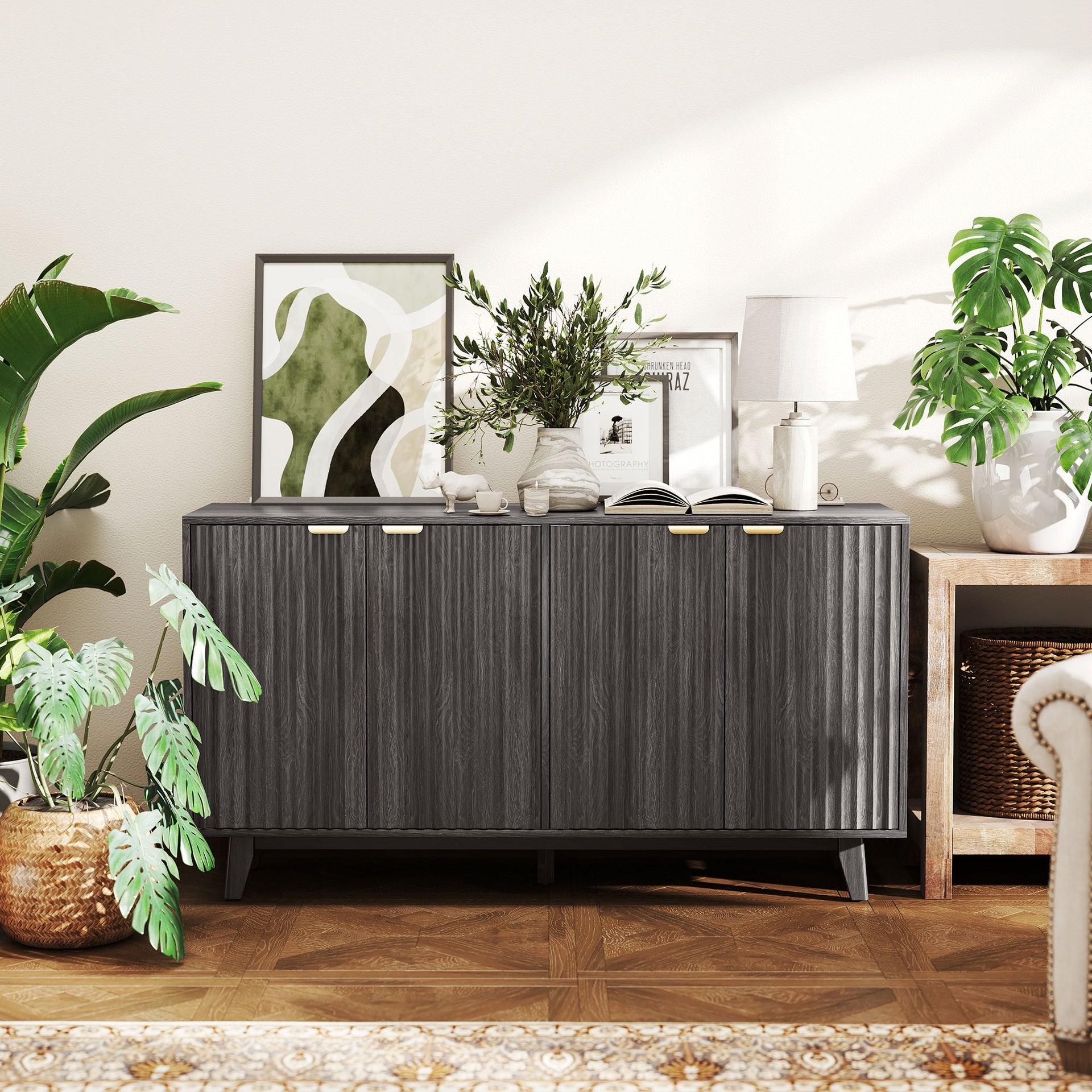 HOMCOM Fluted Sideboard Buffet Cabinet, 55" Coffee Bar Cabinet with 4 Doors, 2 Adjustable Shelves, 5 Wood Legs, Dark Gray