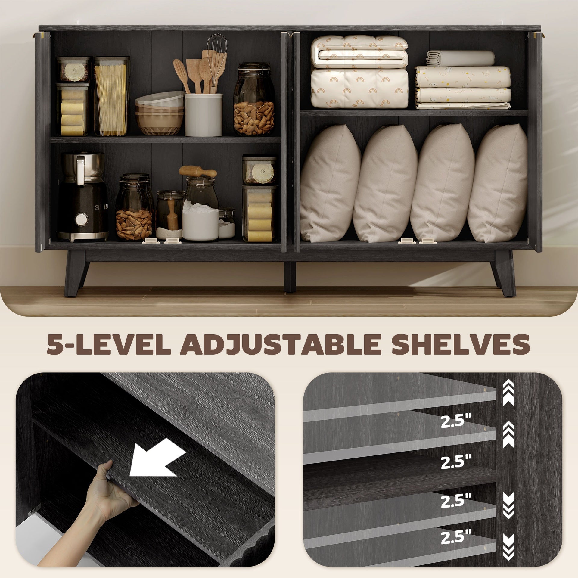 HOMCOM Fluted Sideboard Buffet Cabinet, 55" Coffee Bar Cabinet with 4 Doors, 2 Adjustable Shelves, 5 Wood Legs, Dark Gray
