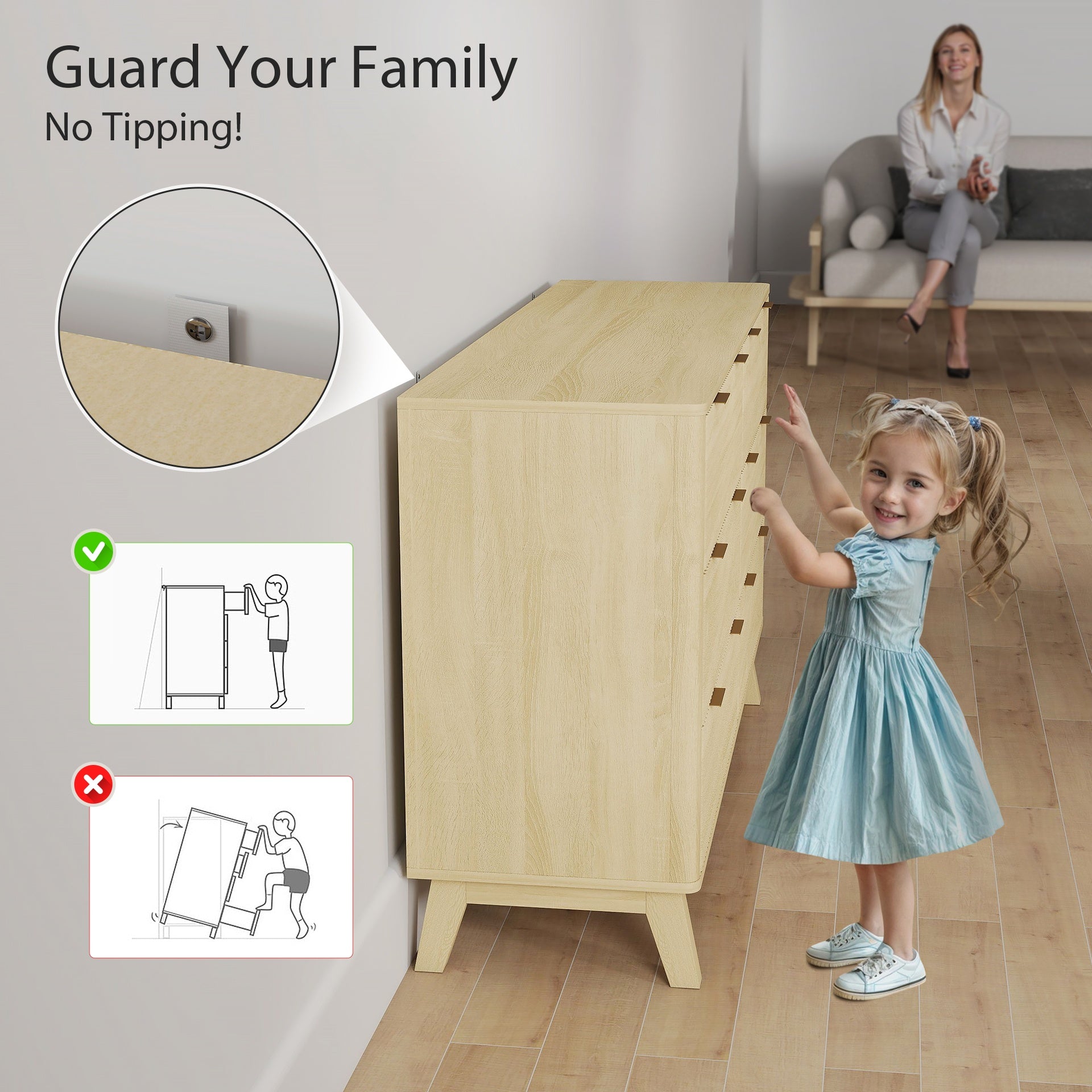 HOMCOM 6 Drawer Double Dresser for Bedroom, Fluted Chest of Drawers with Gold Finger Pulls and 5 Wood Legs, Natural Wood