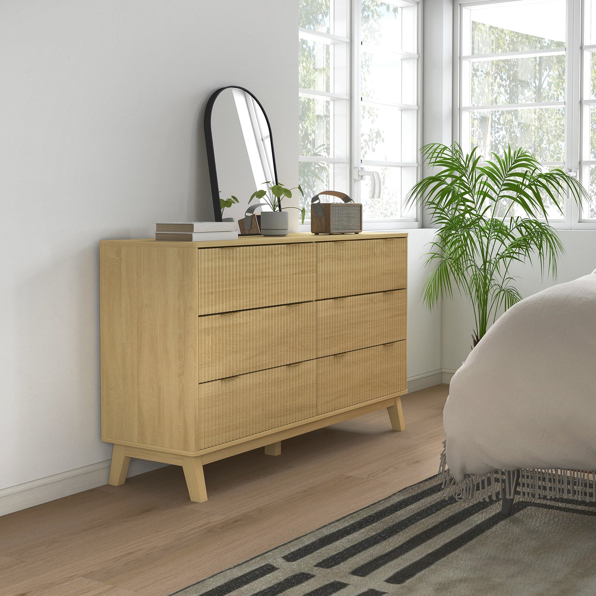 HOMCOM 6 Drawer Double Dresser for Bedroom, Fluted Chest of Drawers with Gold Finger Pulls and 5 Wood Legs, Natural Wood