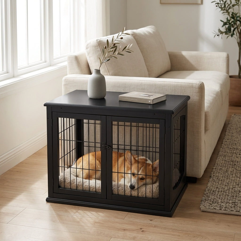 PawHut Dog Crate Furniture, 32" Small Dog Cage End Table with 2 Doors, Lockable Door, Puppy Kennel Indoor, Black