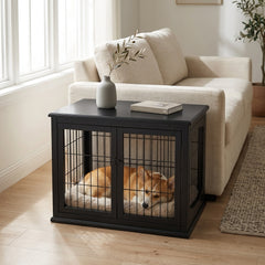 PawHut Dog Crate Furniture, 32" Small Dog Cage End Table with 2 Doors, Lockable Door, Puppy Kennel Indoor, Black