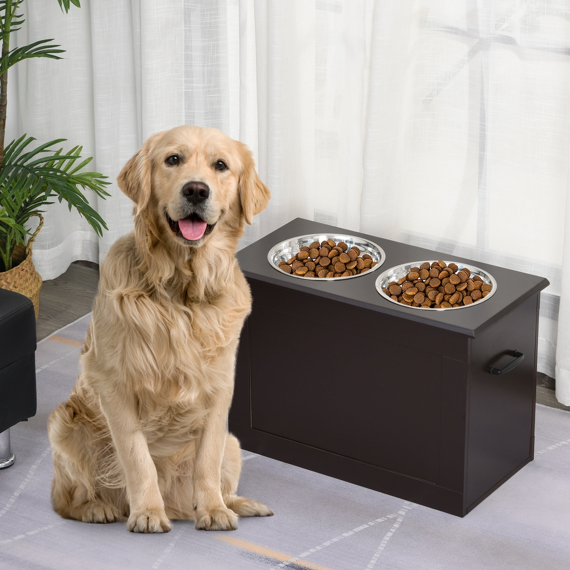 PawHut Raised Pet Feeding Storage Station with 2 Stainless Steel Bowls Base for Large Dogs and Other Large Pets, Coffee