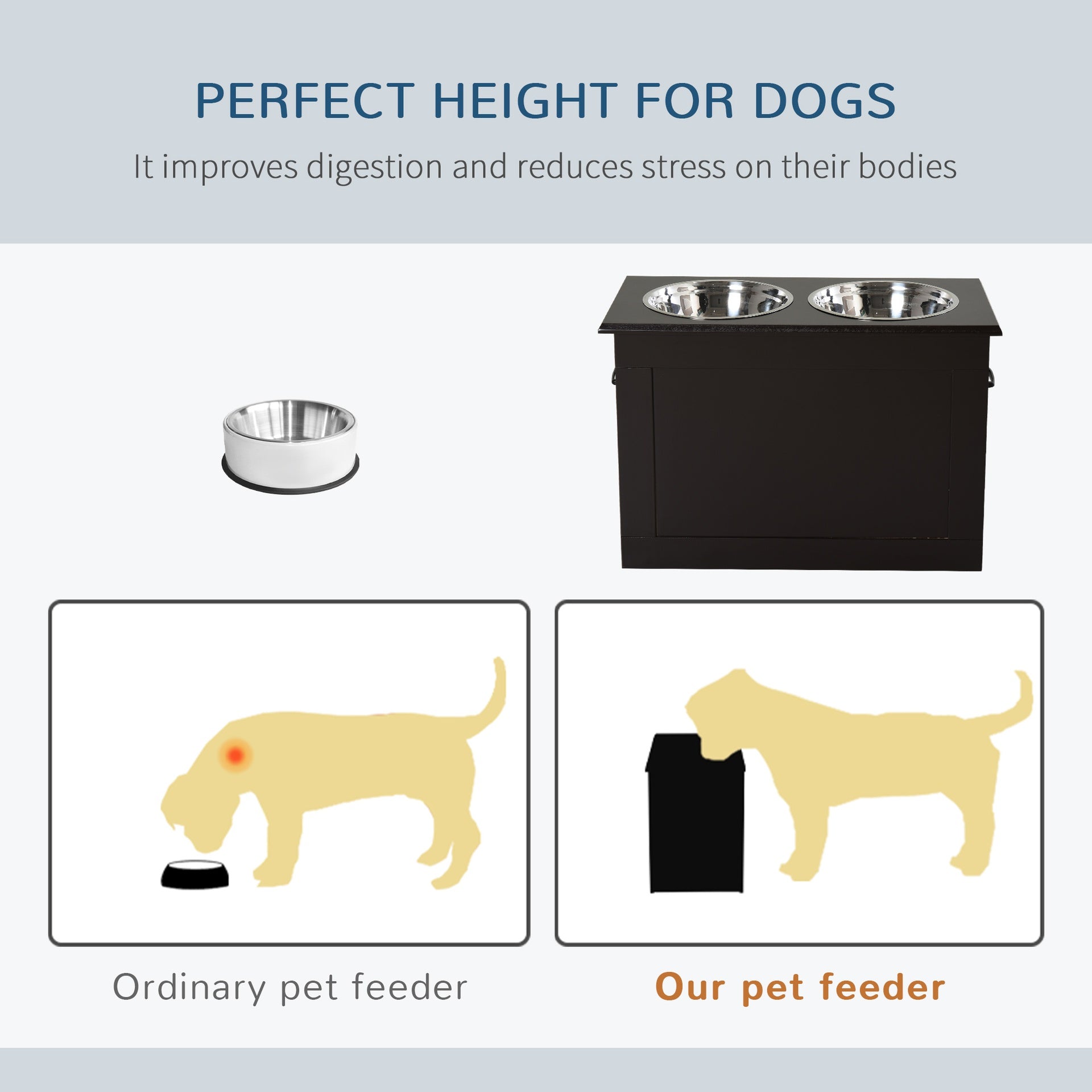 PawHut Raised Pet Feeding Storage Station with 2 Stainless Steel Bowls Base for Large Dogs and Other Large Pets, Coffee