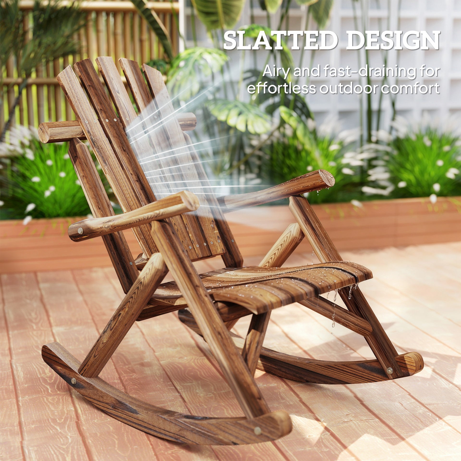 Outsunny Outdoor Wooden Rocking Chair, Single-Person Adirondack Rocking Patio Chair with Rustic High Back, Slatted Seat and Backrest for Indoor, Backyard, Garden, Carbonized
